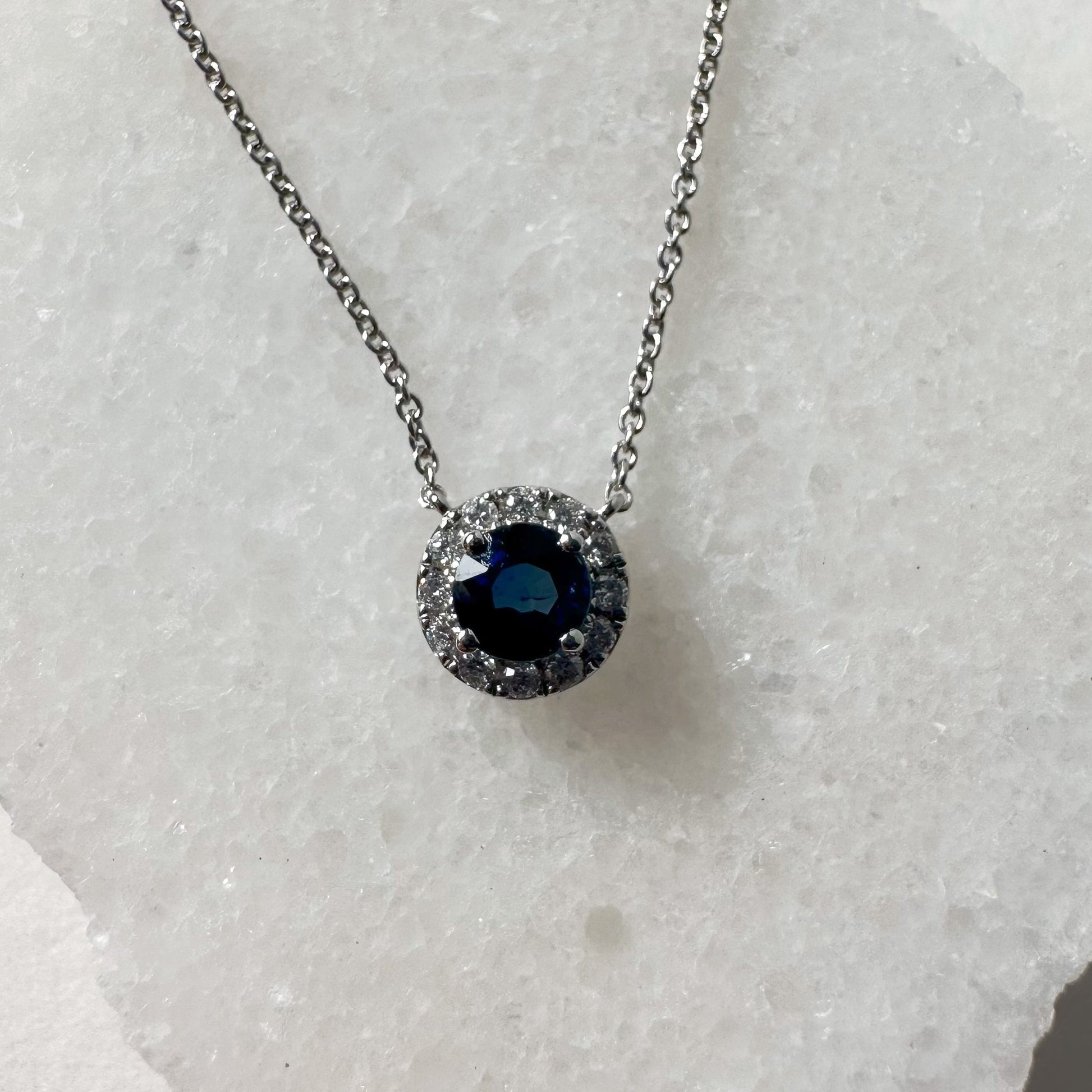 14K Solid Gold Genuine Sapphire and Diamond Halo Necklace