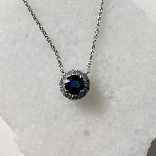 14K Solid Gold Genuine Sapphire and Diamond Halo Necklace