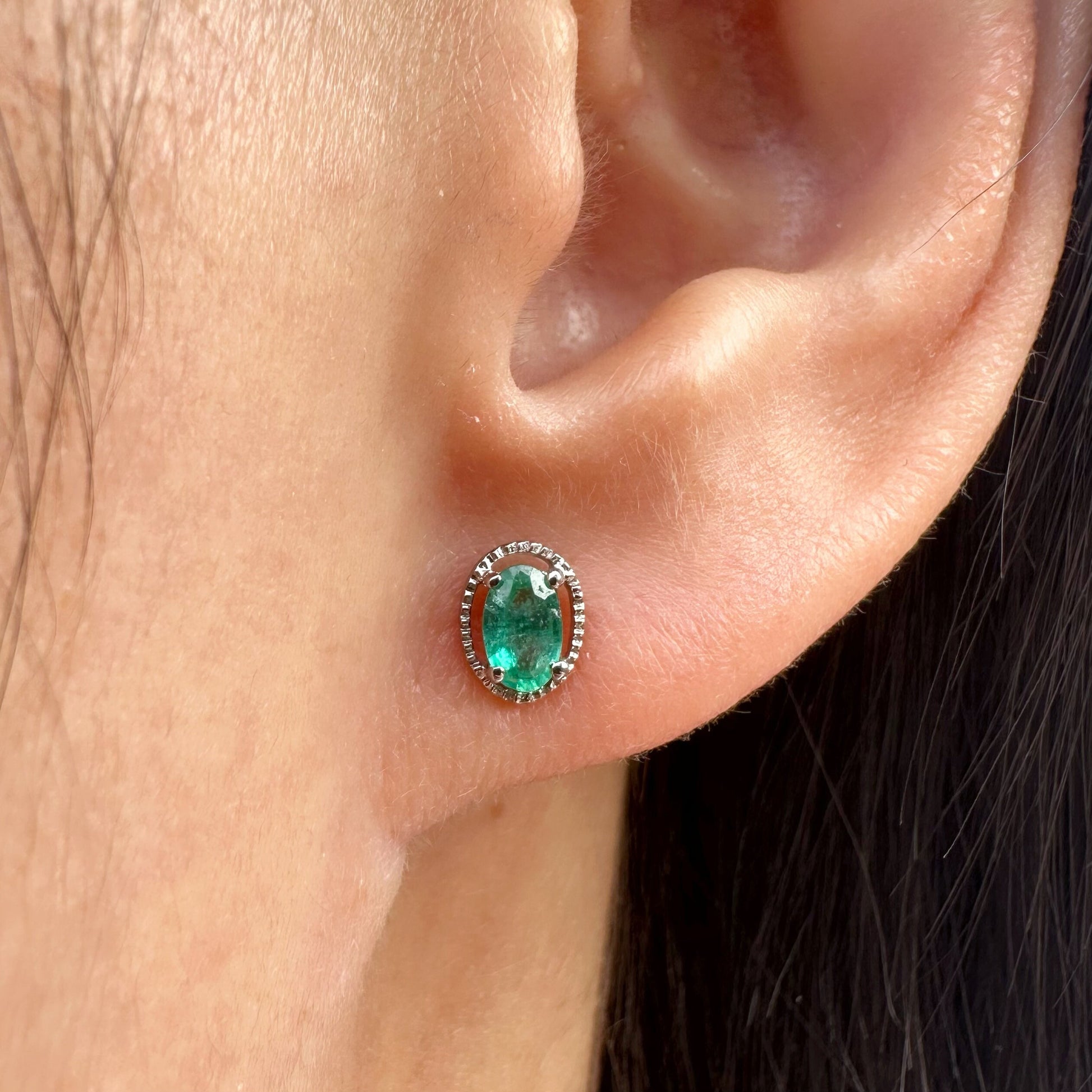 14K Solid Gold Genuine Oval Emerald Fancy Studs/Pair