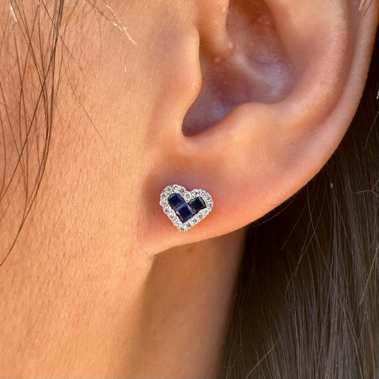 14K Solid Gold Genuine Sapphire and Diamond Heart Studs/Pair