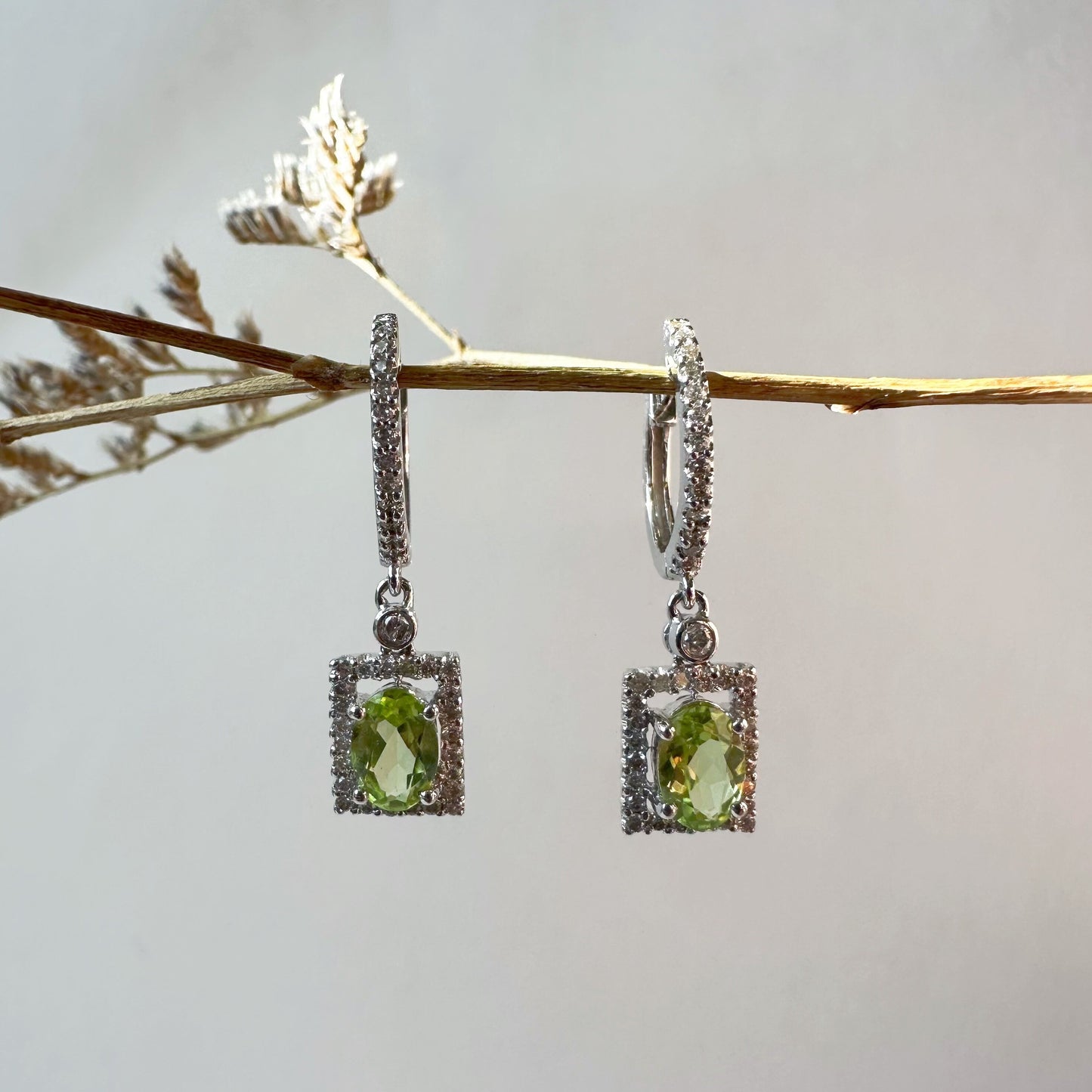 14K Solid Gold Genuine Peridot and Diamond Dangle Hoop Earrings/Pair