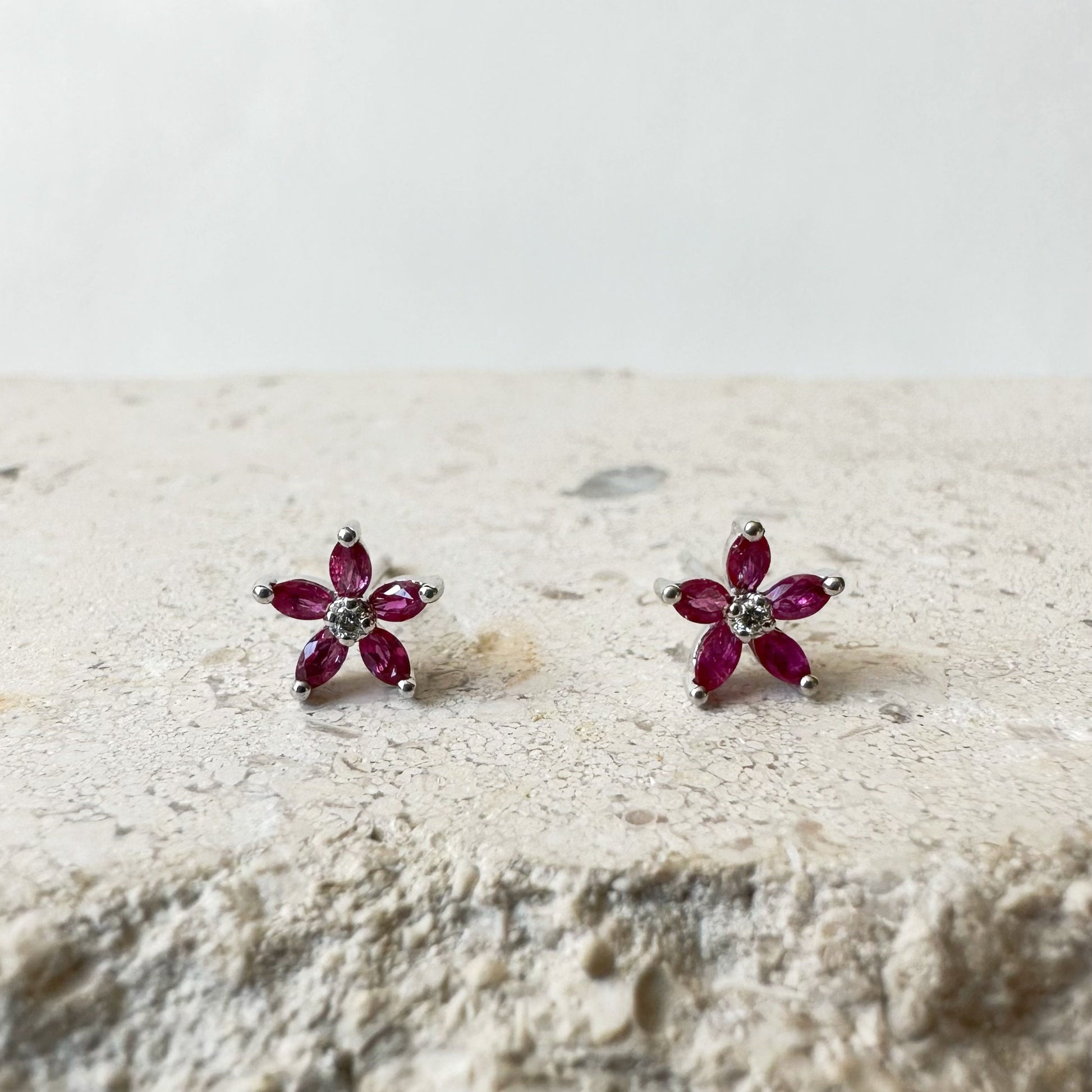 14K Solid Gold Genuine Ruby and Diamond Flower Studs/Pair