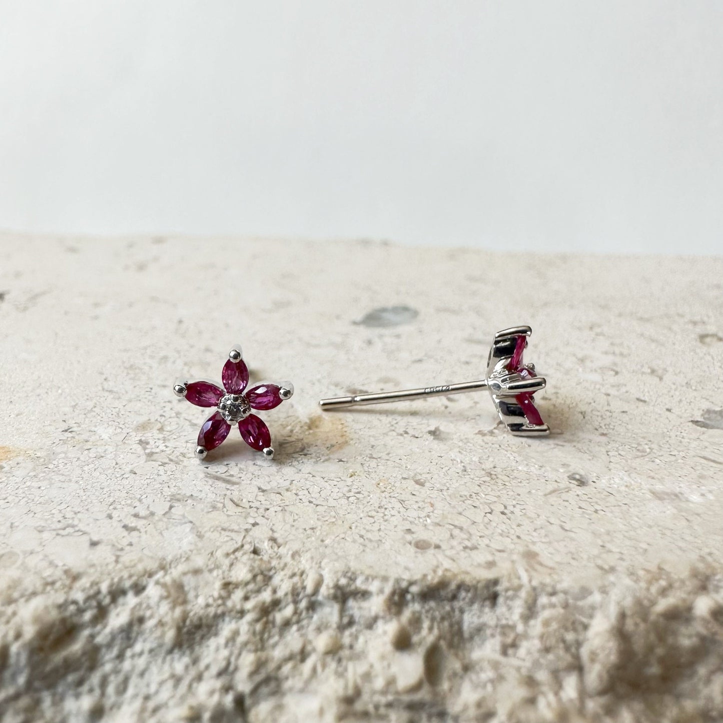 14K Solid Gold Genuine Ruby and Diamond Flower Studs/Pair