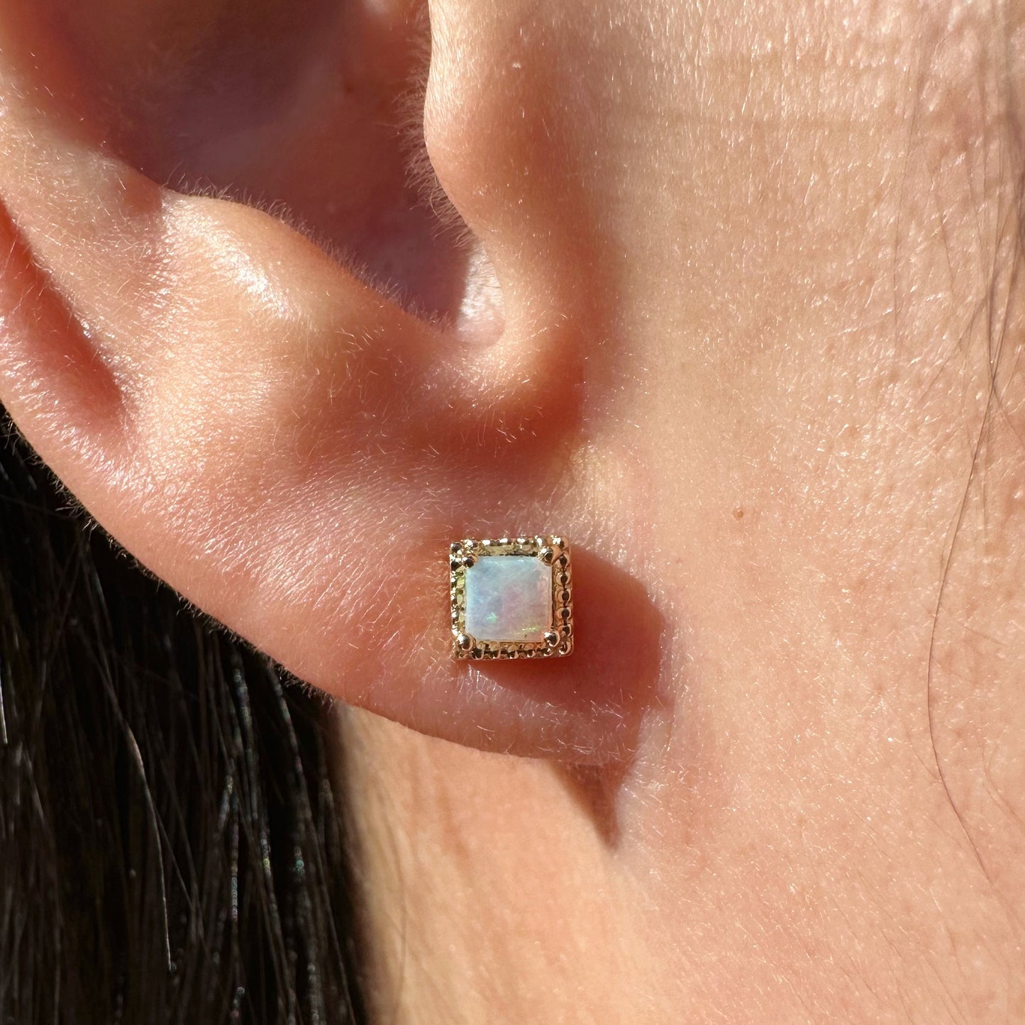 14K Solid Gold Genuine Opal Square Fancy Studs/Pair