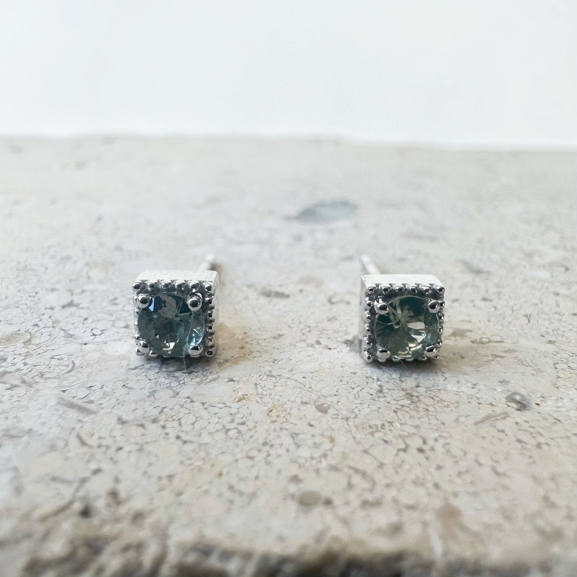 14K Solid Gold Genuine Green Sapphire Square Studs/Pair