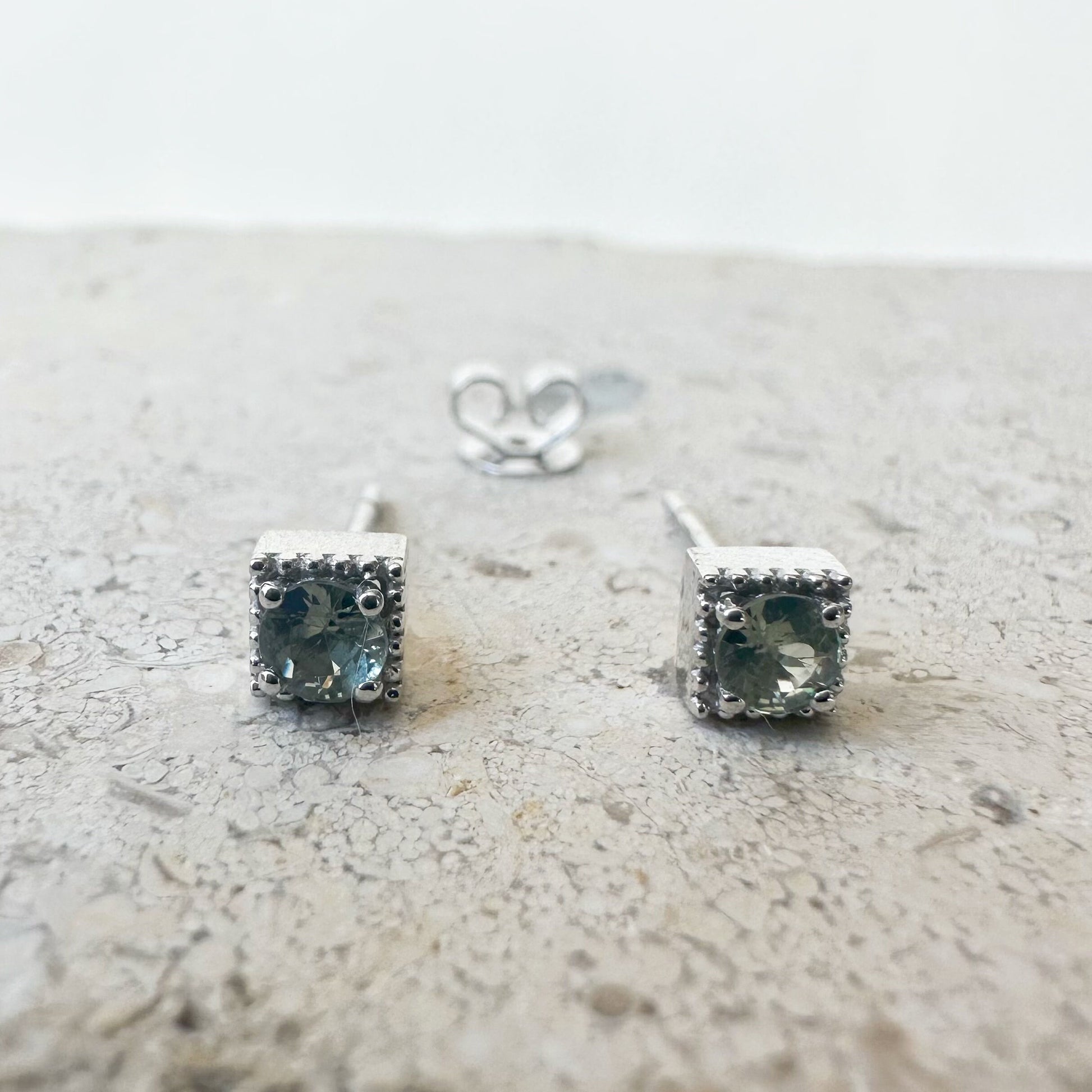 14K Solid Gold Genuine Green Sapphire Square Studs/Pair