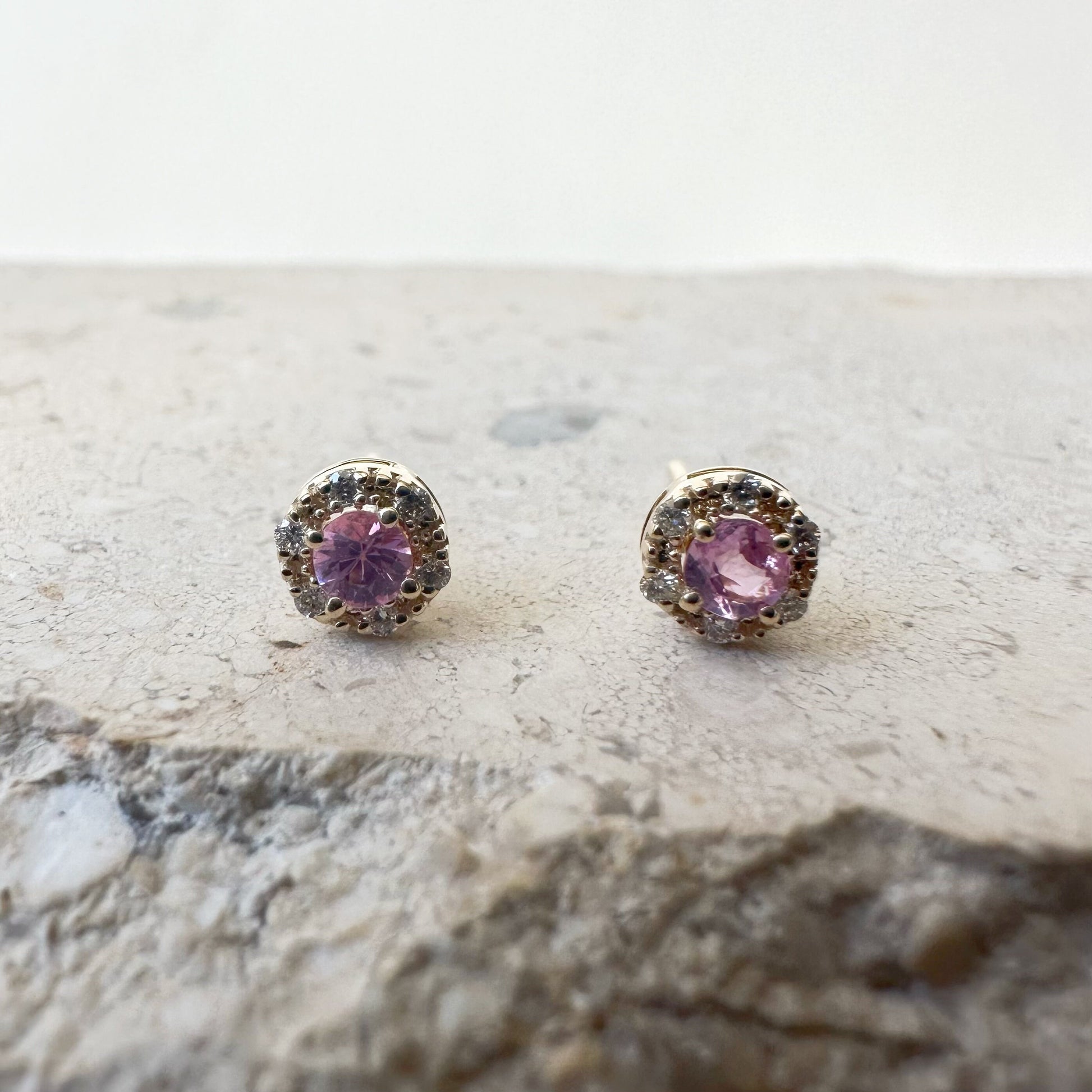 14K Solid Gold Genuine Pink Sapphire and Diamond Studs/Pair