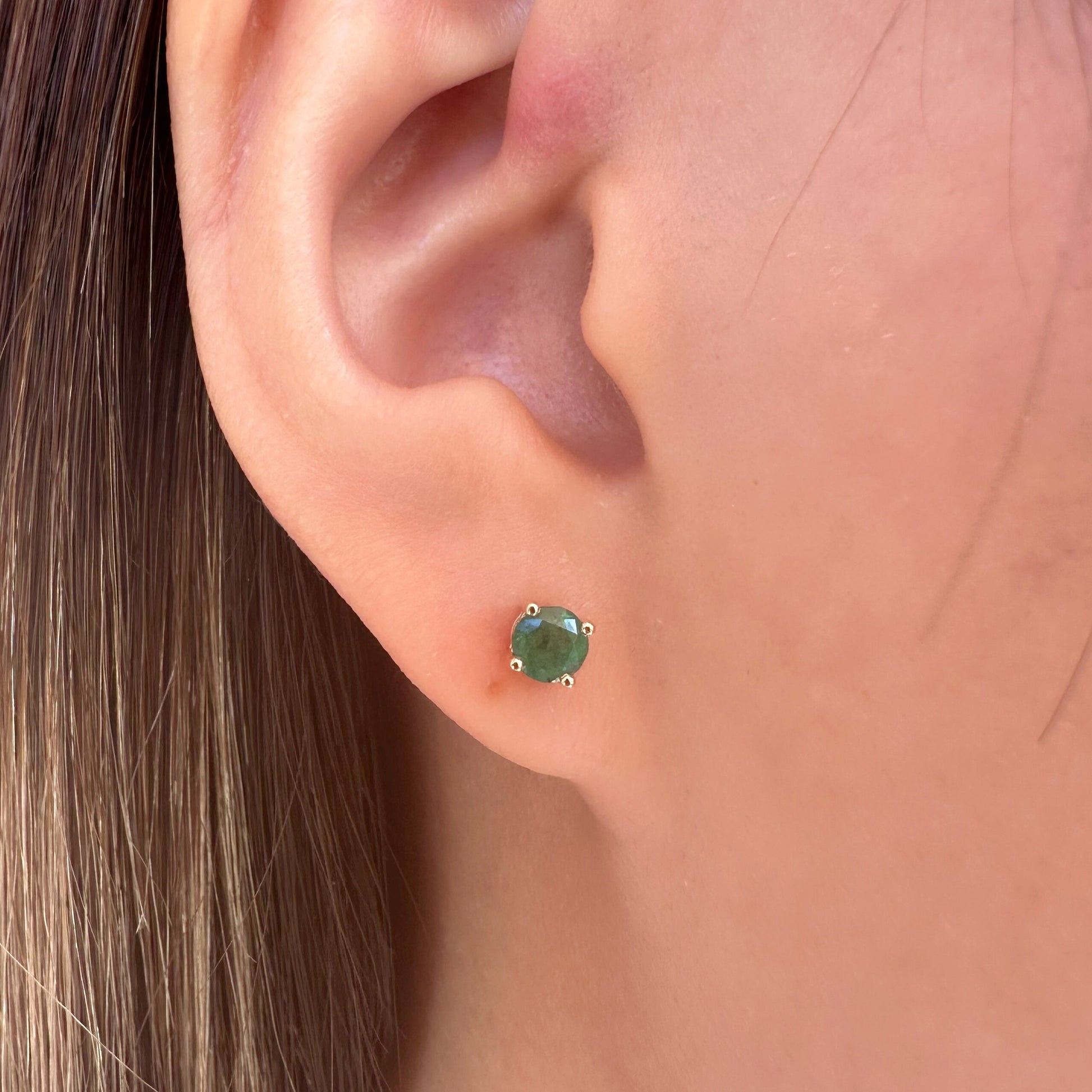 14K Solid Gold Genuine 4mm Emerald Round Studs/Pair