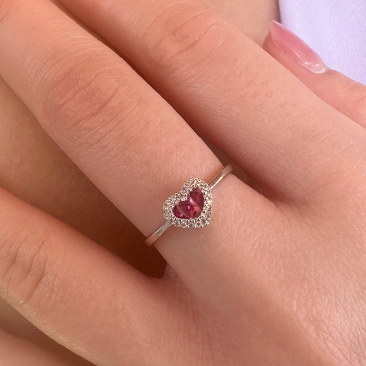 14K Solid Gold Genuine Ruby and Diamond Heart Ring