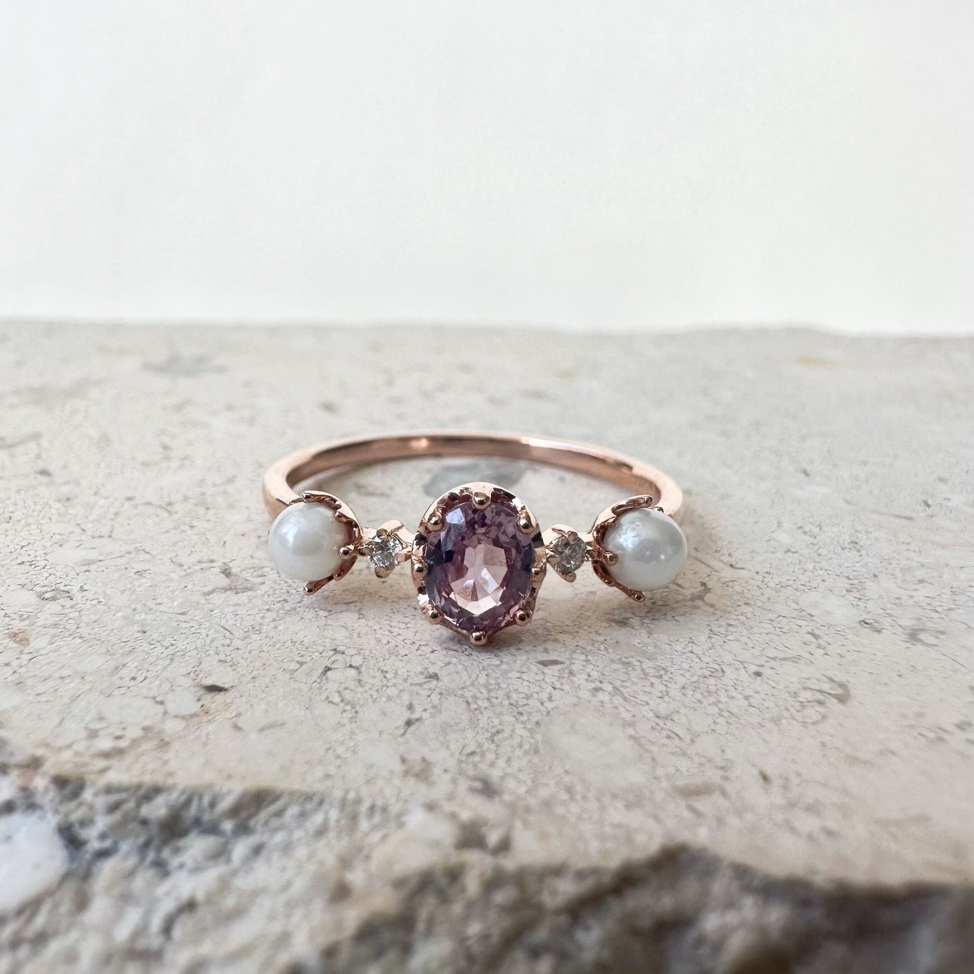 14K Solid Rose Gold Genuine Color Sapphire and Akoya Pearl Ring