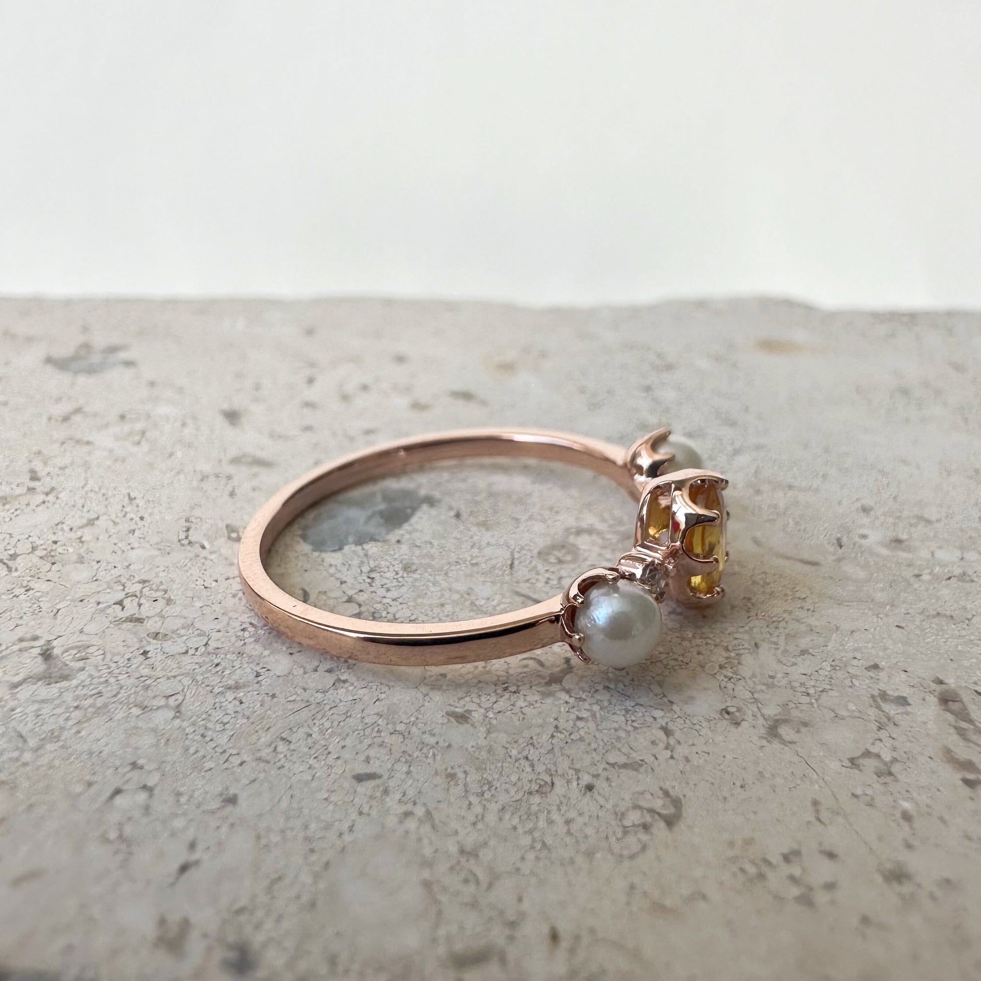 14K Solid Rose Gold Genuine Color Sapphire and Akoya Pearl Ring