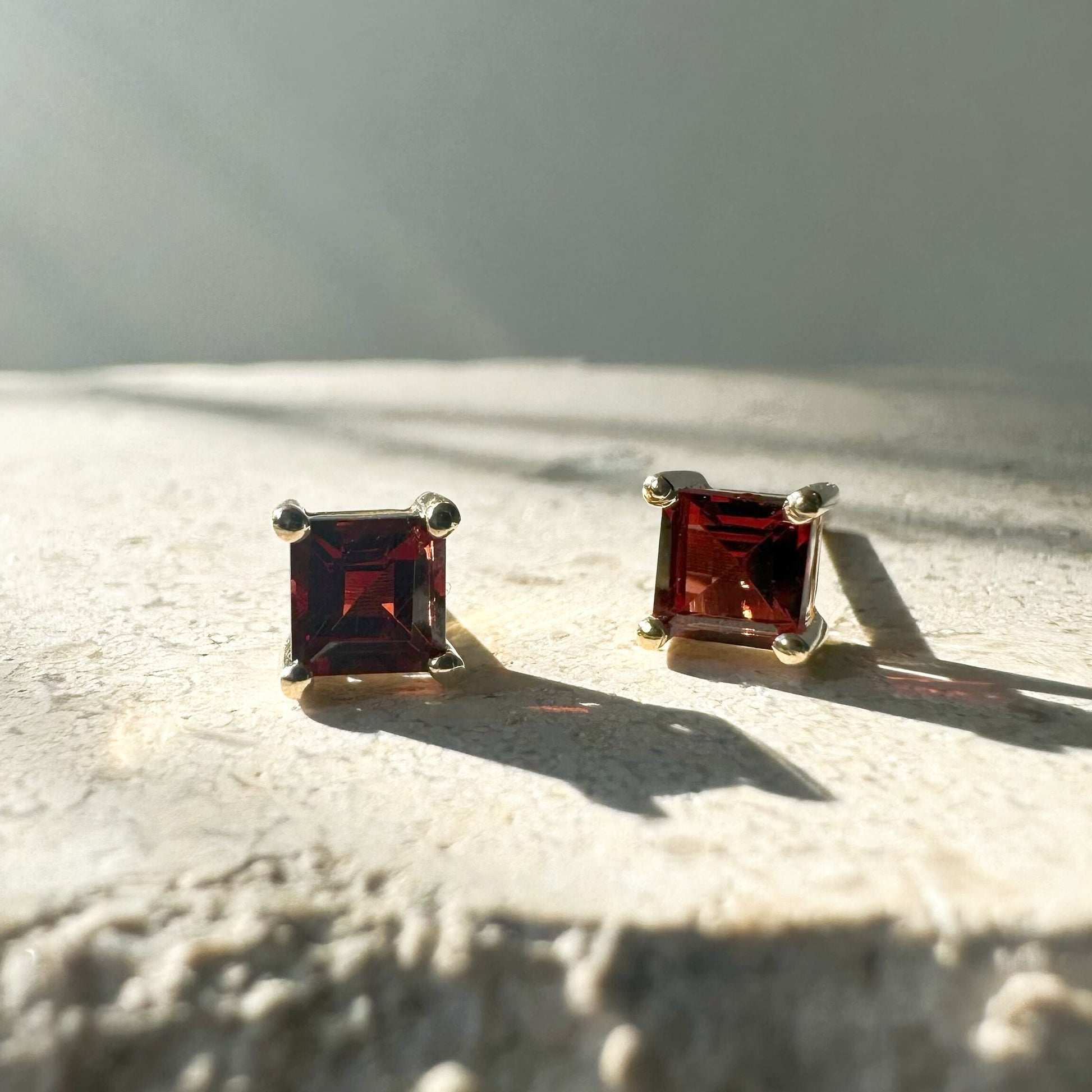 14K Solid Gold Genuine 4mm Garnet Square Studs/Pair