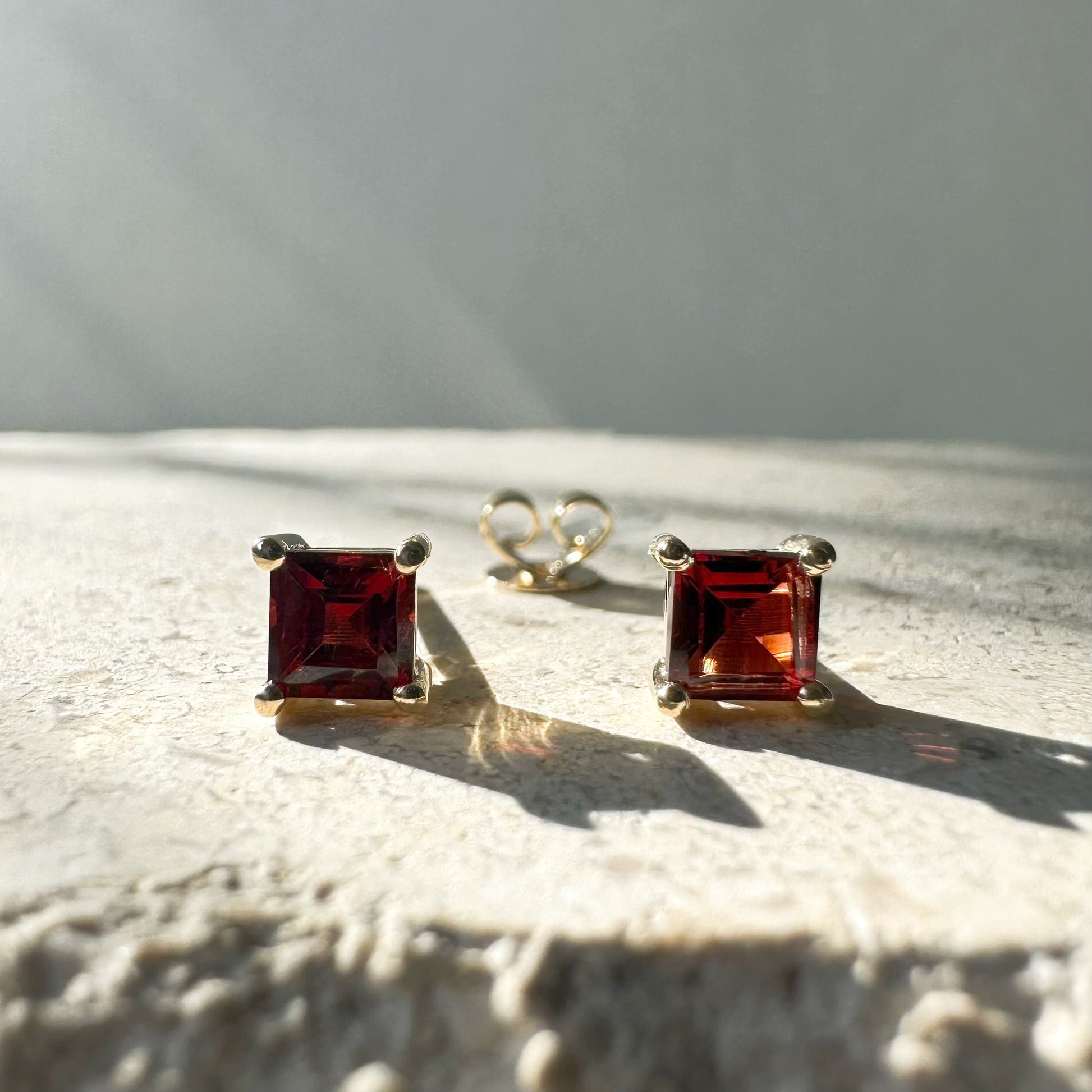 14K Solid Gold Genuine 4mm Garnet Square Studs/Pair