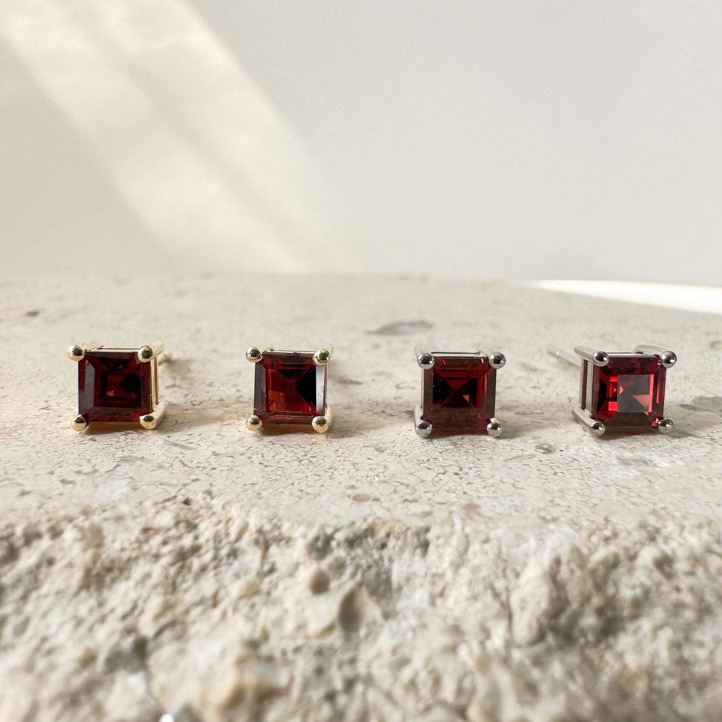 14K Solid Gold Genuine 4mm Garnet Square Studs/Pair