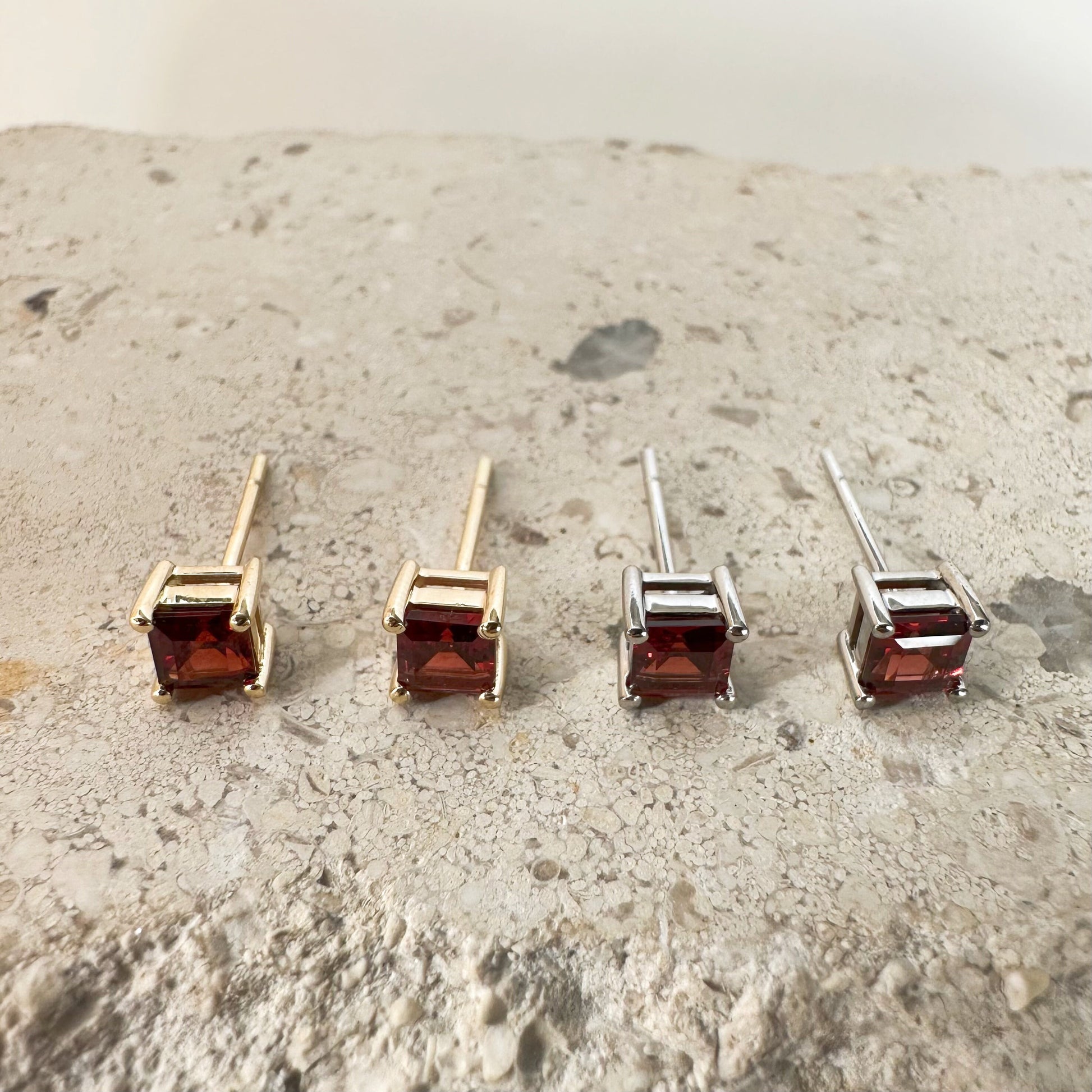 14K Solid Gold Genuine 4mm Garnet Square Studs/Pair