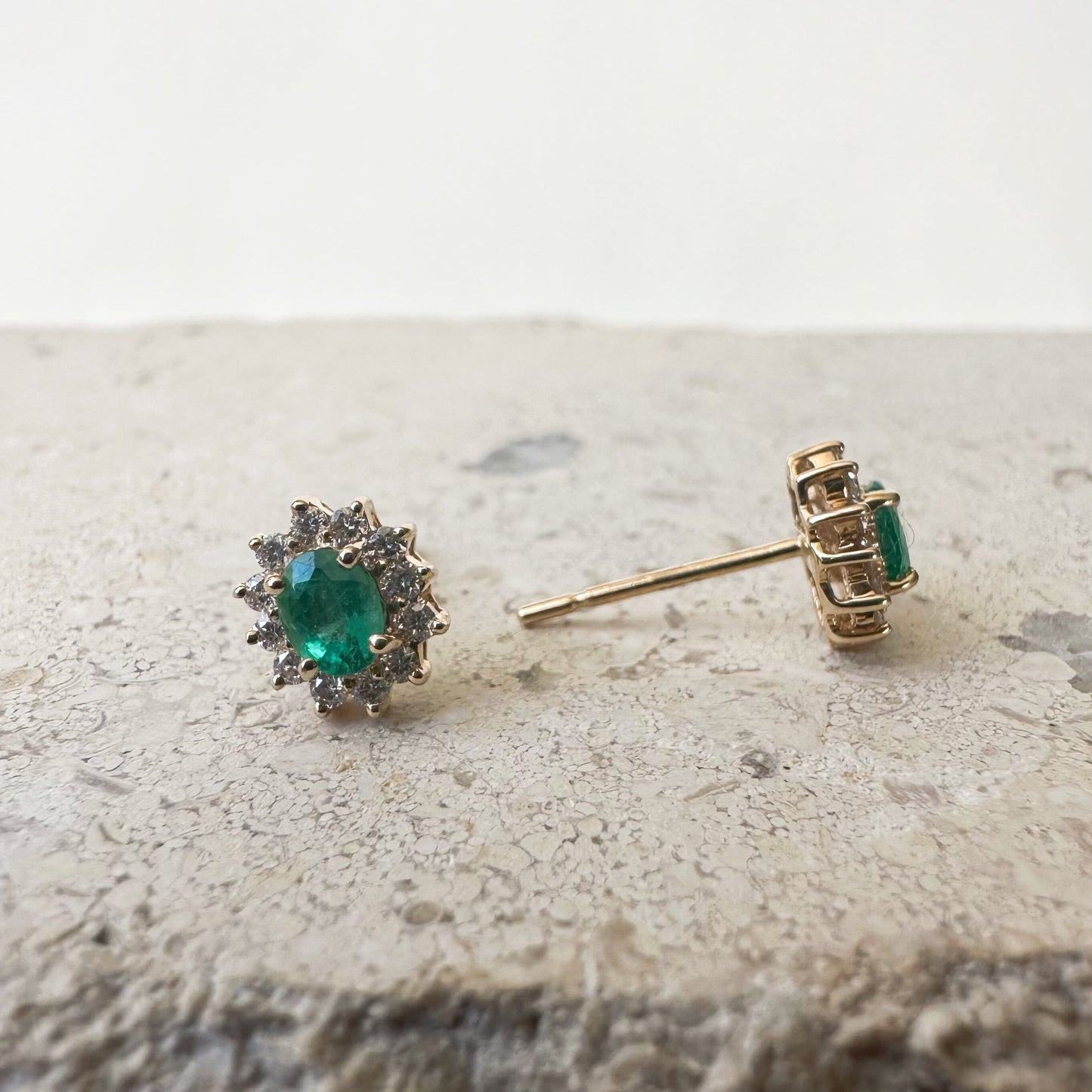 14K Solid Gold Genuine Emerald and Diamond Halo Studs/Pair