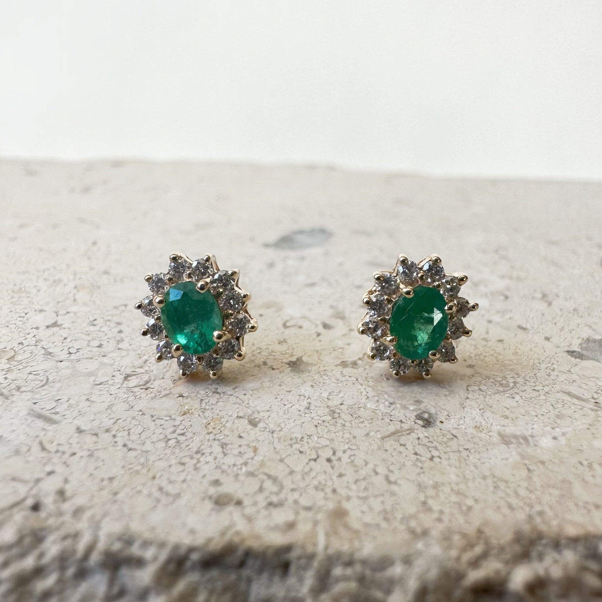 14K Solid Gold Genuine Emerald and Diamond Halo Studs/Pair