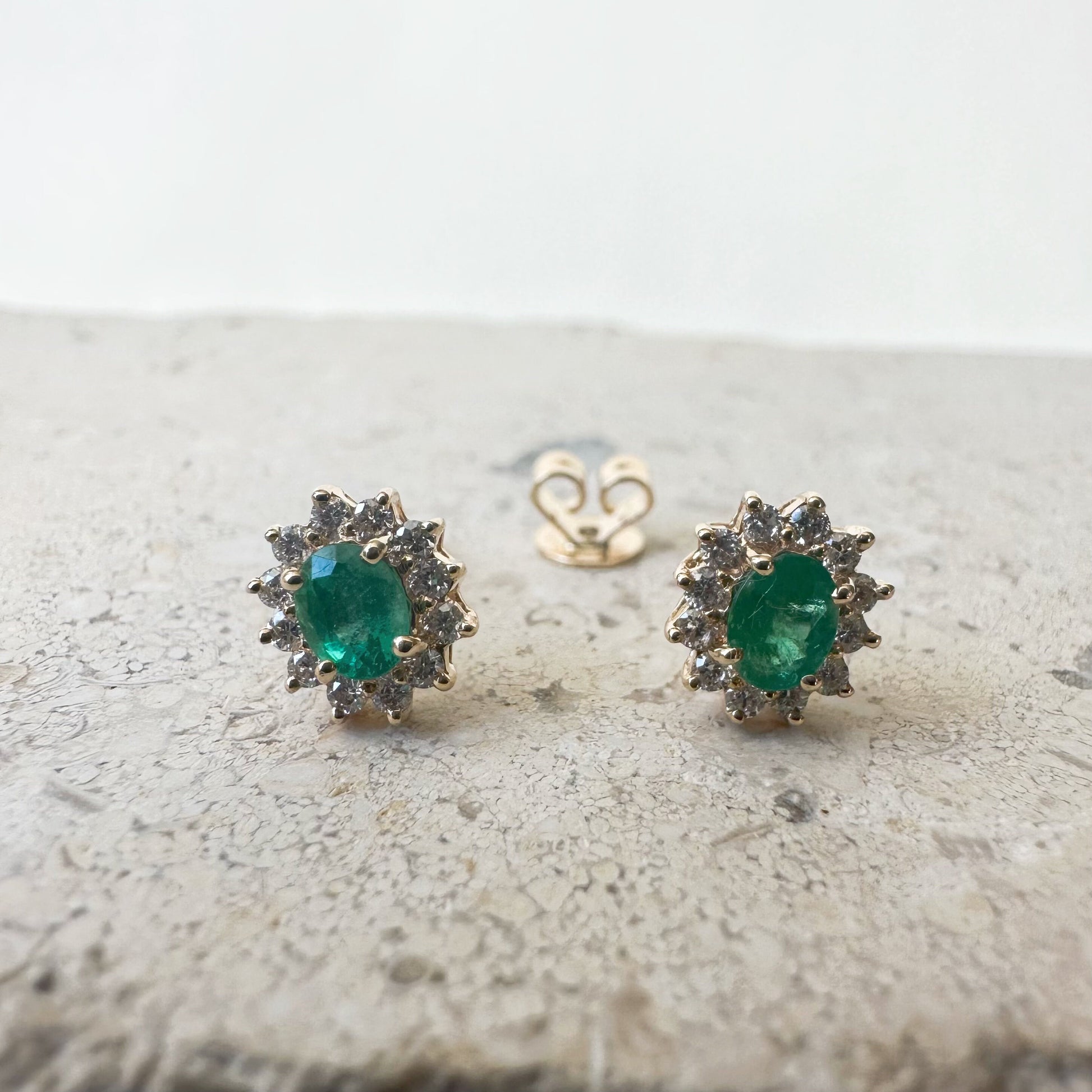 14K Solid Gold Genuine Emerald and Diamond Halo Studs/Pair