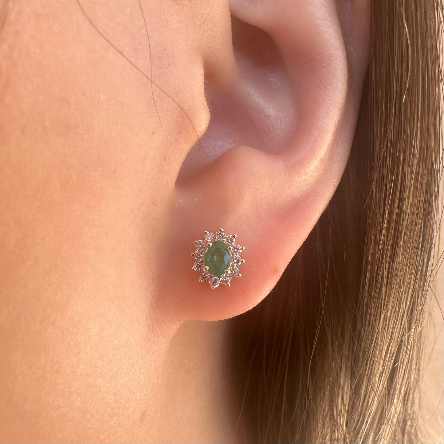 14K Solid Gold Genuine Emerald and Diamond Halo Studs/Pair