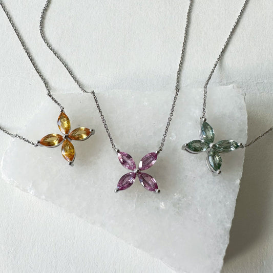 14K Solid Gold Genuine Color Sapphire Flower Necklace/Pink Sapphire/Yellow Sapphire/Green Sapphire