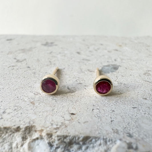 14K Solid Gold Genuine Ruby Bezel Studs/Pair