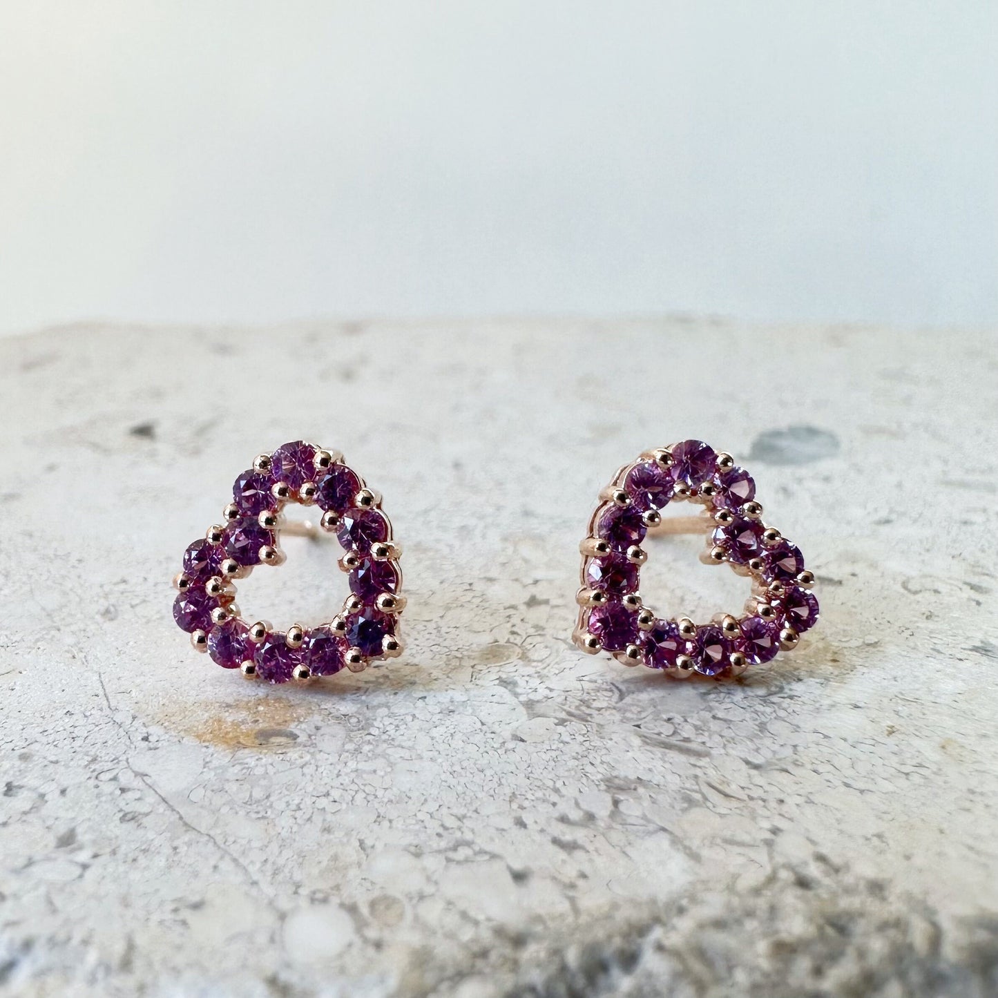 14K Solid Gold Genuine Pink Sapphire Heart Studs/Pair