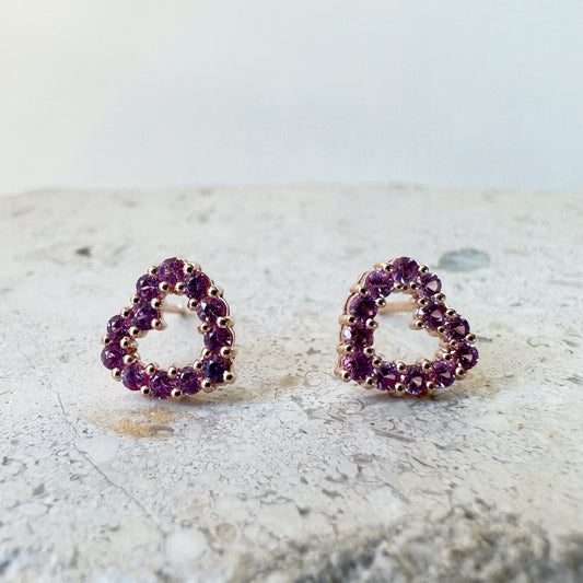 14K Solid Gold Genuine Pink Sapphire Heart Studs/Pair