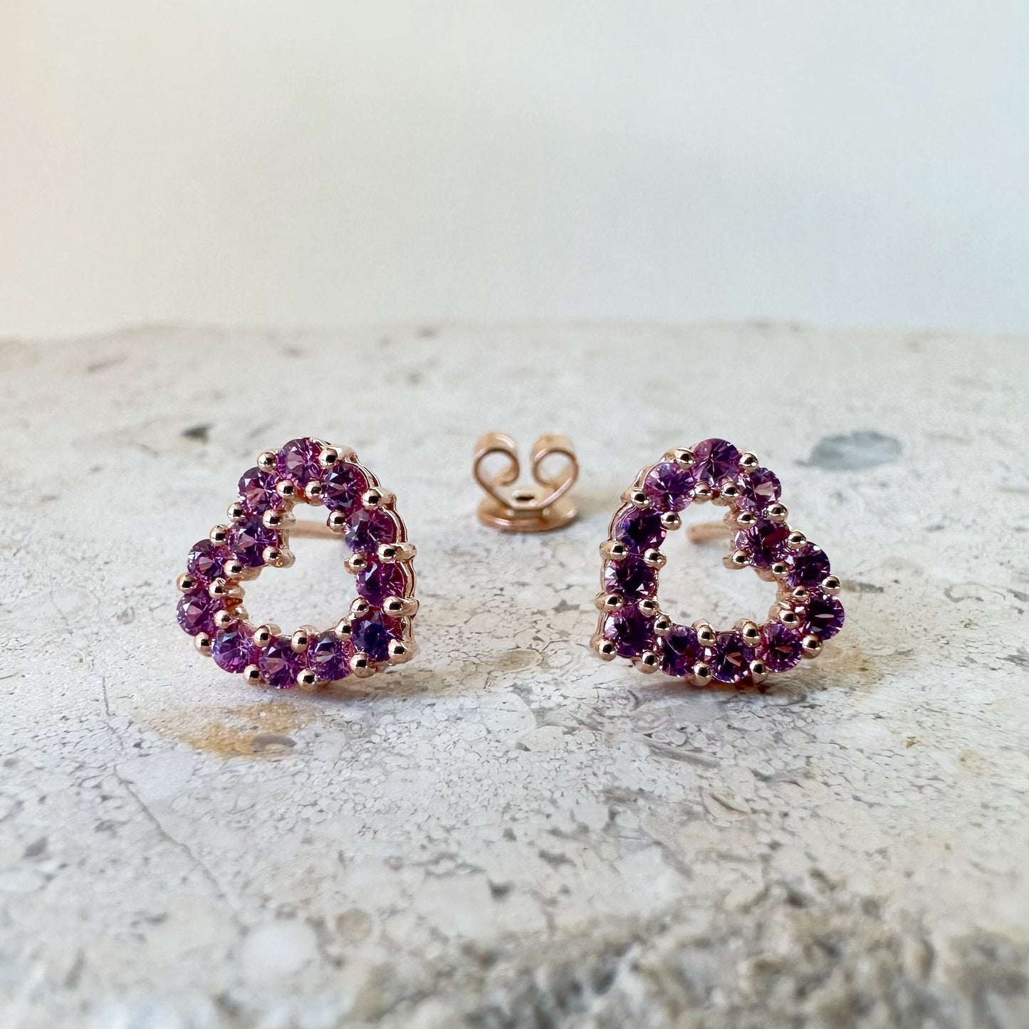 14K Solid Gold Genuine Pink Sapphire Heart Studs/Pair