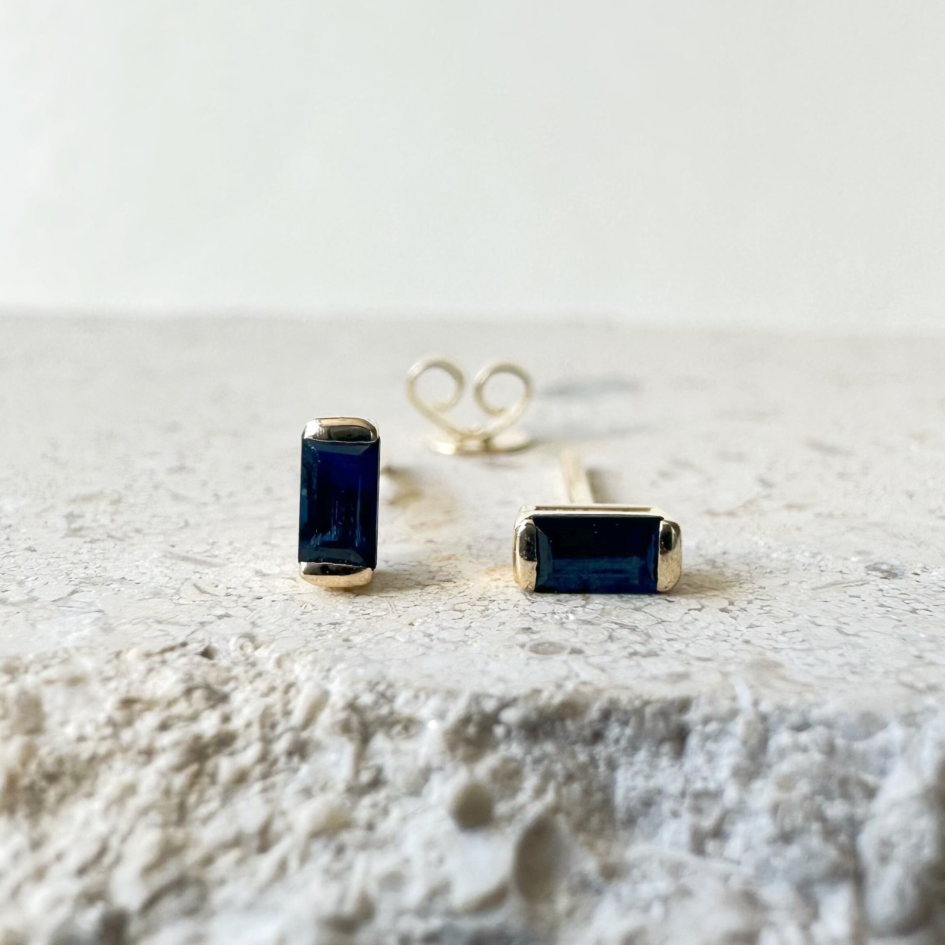 14K Solid Gold Genuine Sapphire Baguette Studs/Pair