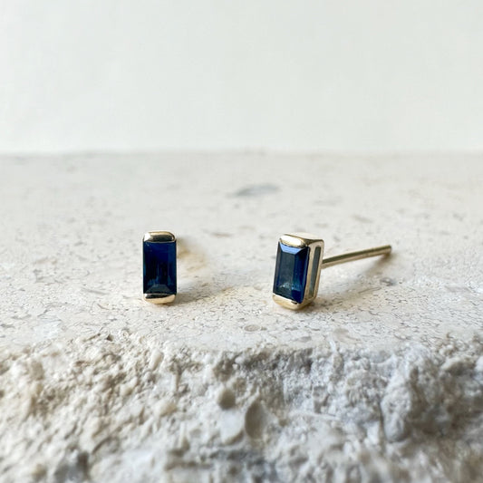 14K Solid Gold Genuine Sapphire Baguette Studs/Pair