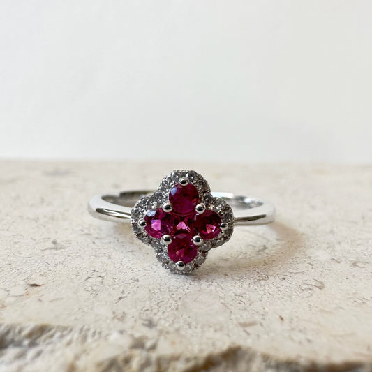 14K Solid Gold Genuine Ruby and Diamond Clover Ring