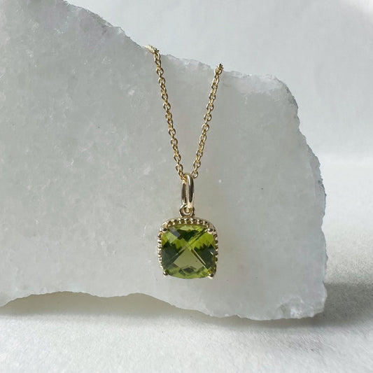 14K Solid Gold Genuine Peridot Square Necklace