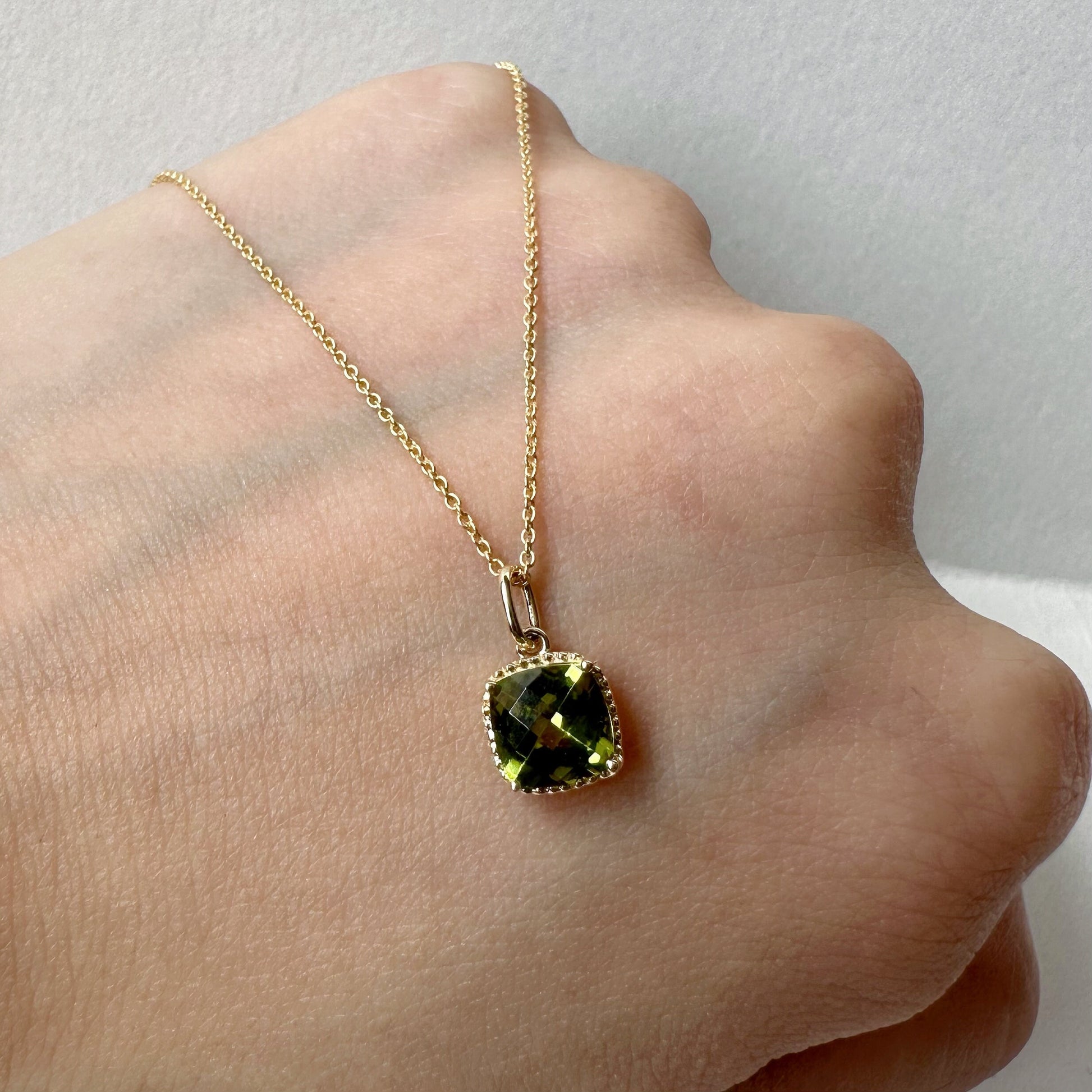 14K Solid Gold Genuine Peridot Square Necklace