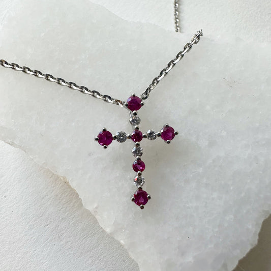 14K Solid Gold Genuine Ruby and Diamond Cross Pendant (pendant only)