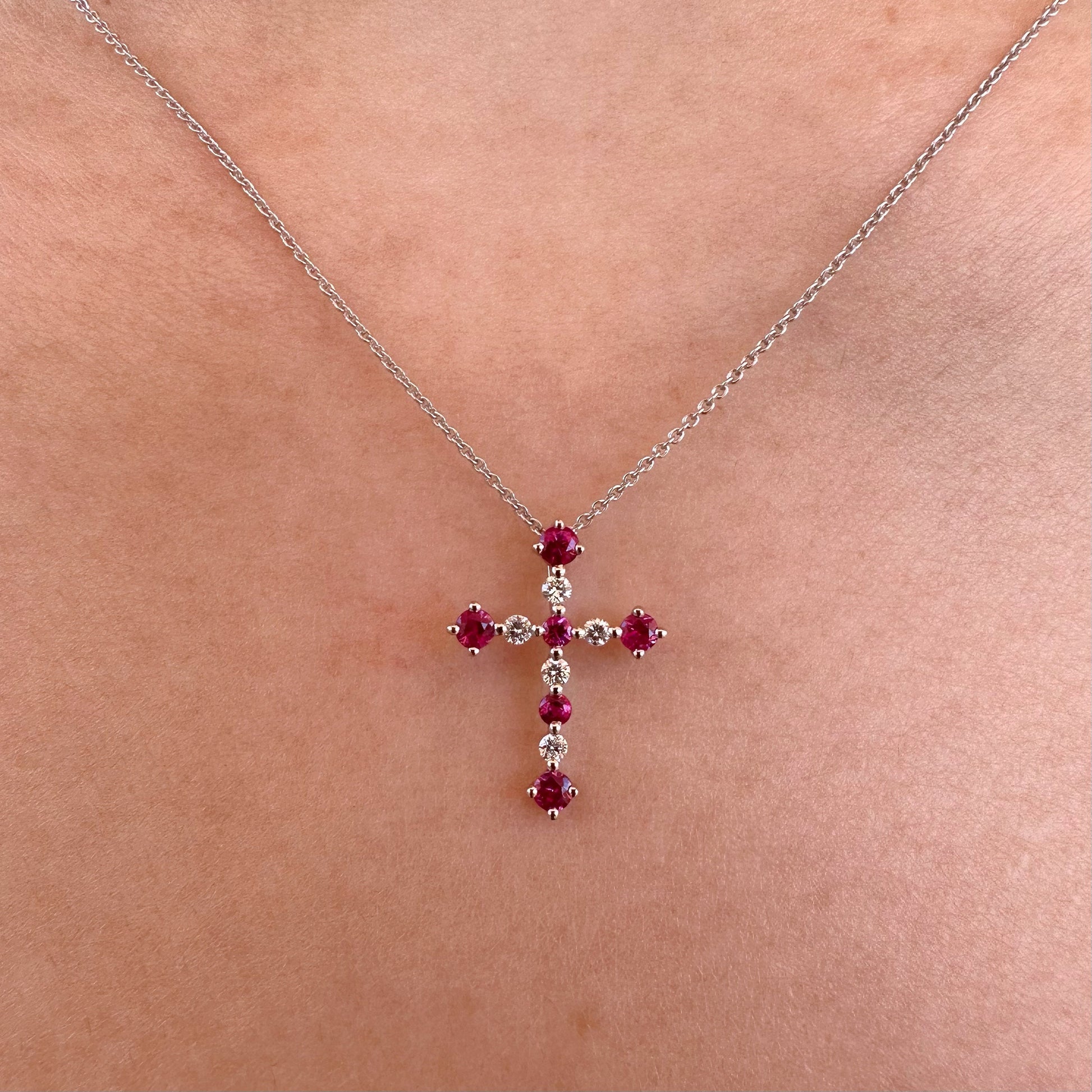 14K Solid Gold Genuine Ruby and Diamond Cross Pendant (pendant only)