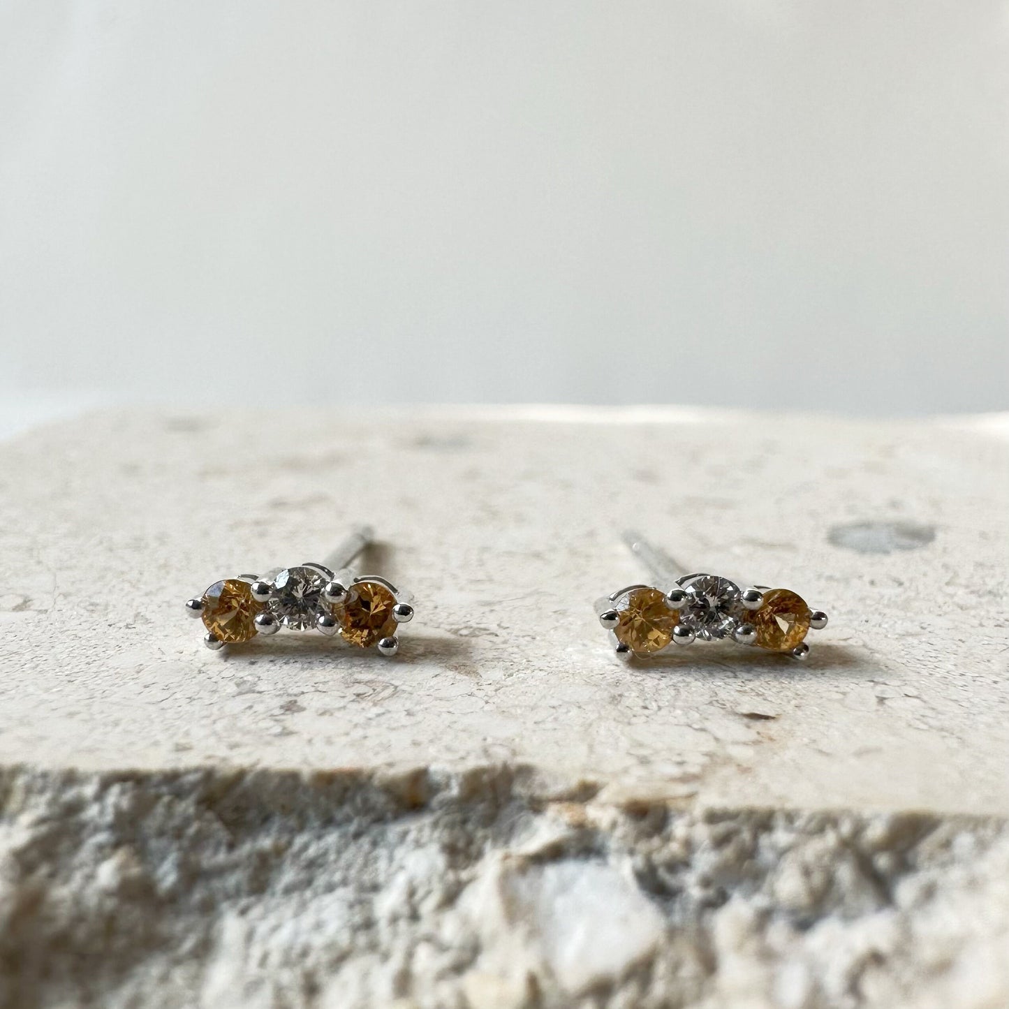 14K Solid Gold Genuine Orange Sapphire and Diamond Studs/Pair