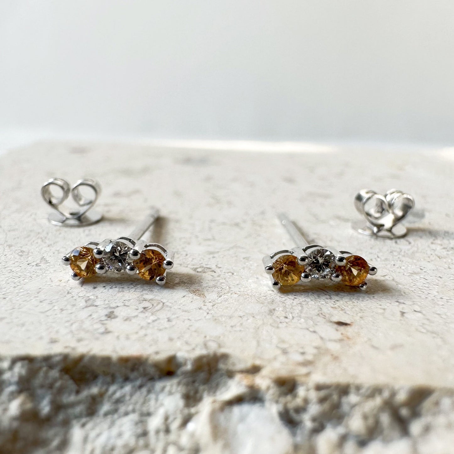 14K Solid Gold Genuine Orange Sapphire and Diamond Studs/Pair