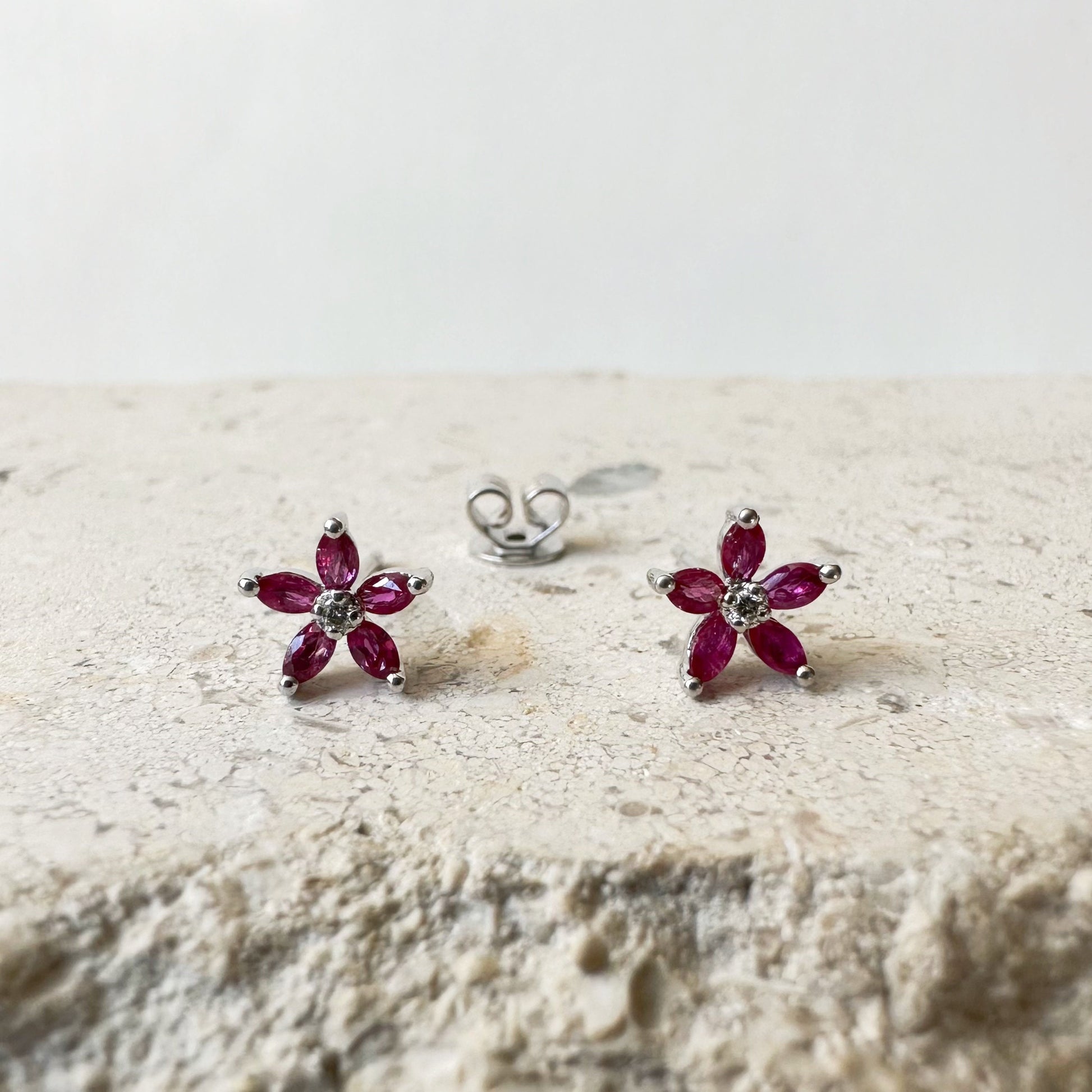 14K Solid Gold Genuine Ruby and Diamond Flower Studs/Pair