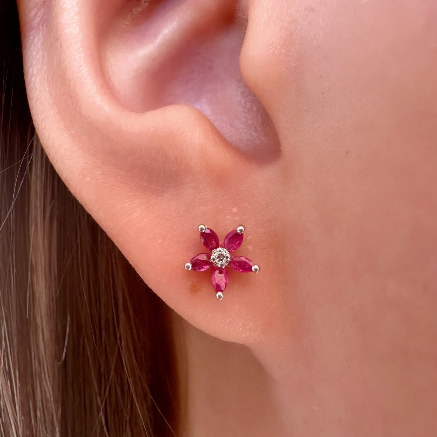 14K Solid Gold Genuine Ruby and Diamond Flower Studs/Pair