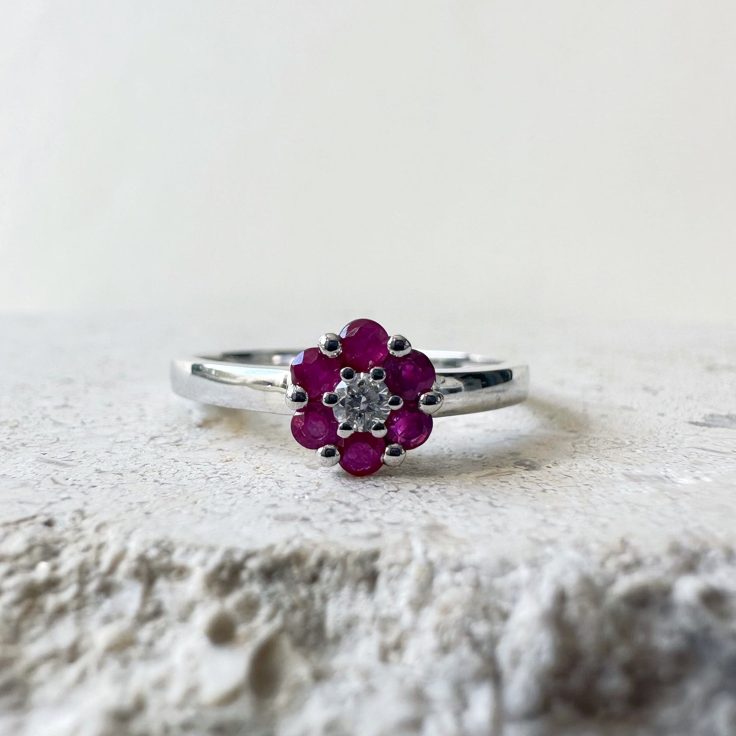 14K Solid Gold Genuine Ruby and Diamond Flower Ring