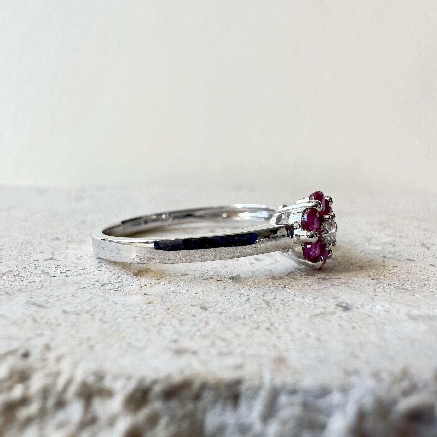 14K Solid Gold Genuine Ruby and Diamond Flower Ring