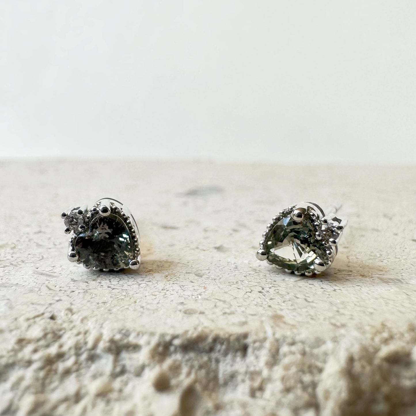 14K Solid Gold Genuine Green Sapphire Heart Studs/Pair