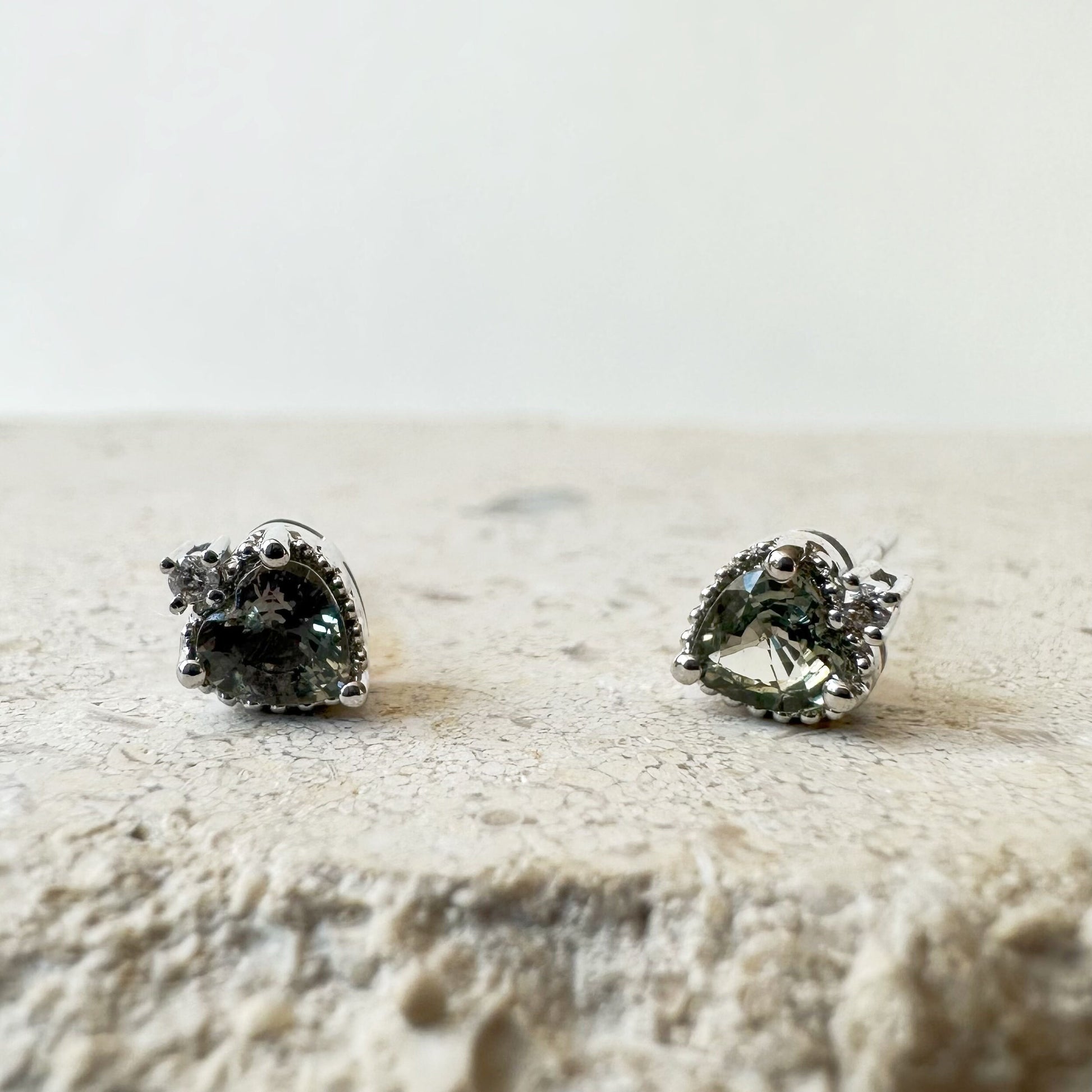 14K Solid Gold Genuine Green Sapphire Heart Studs/Pair
