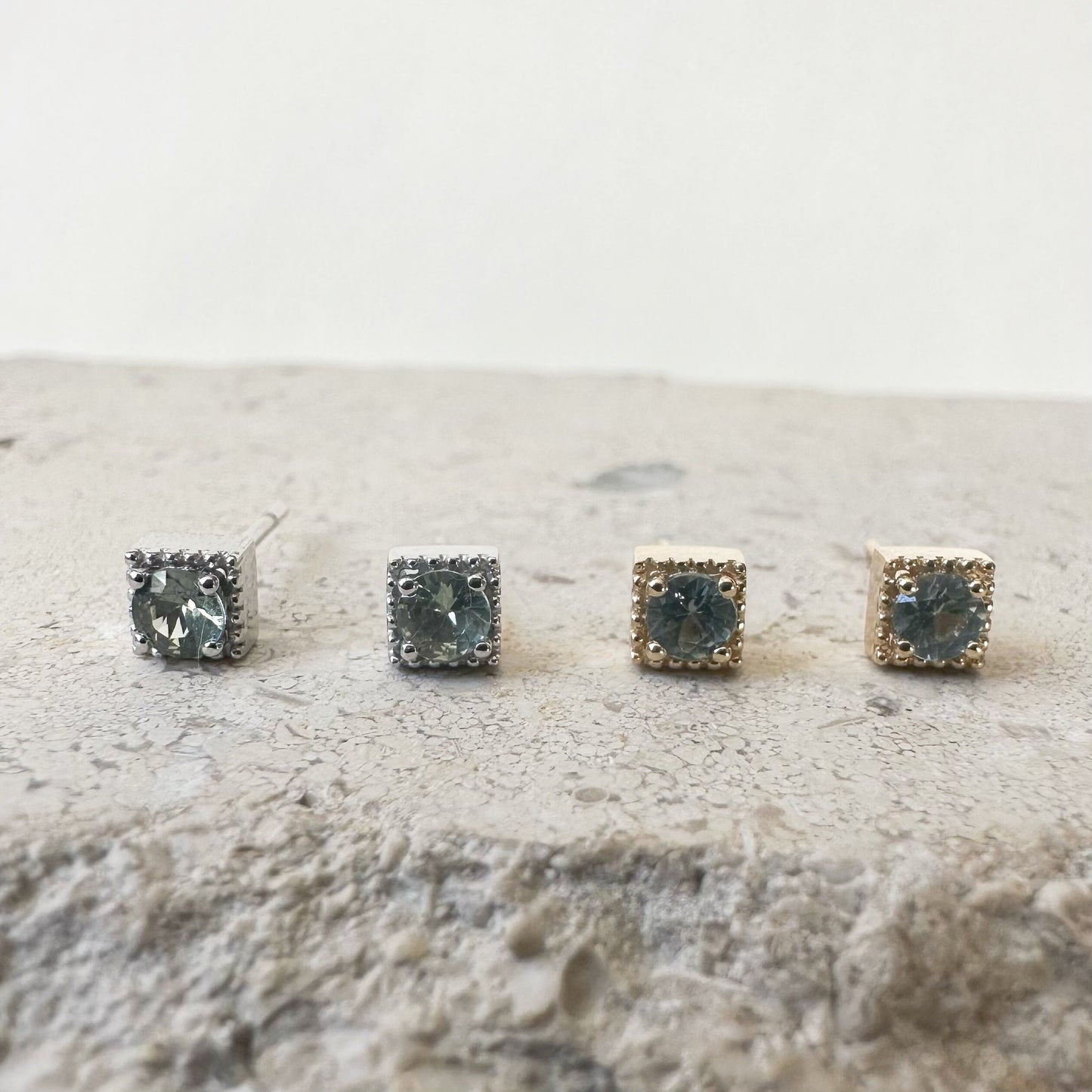 14K Solid Gold Genuine Green Sapphire Square Studs/Pair