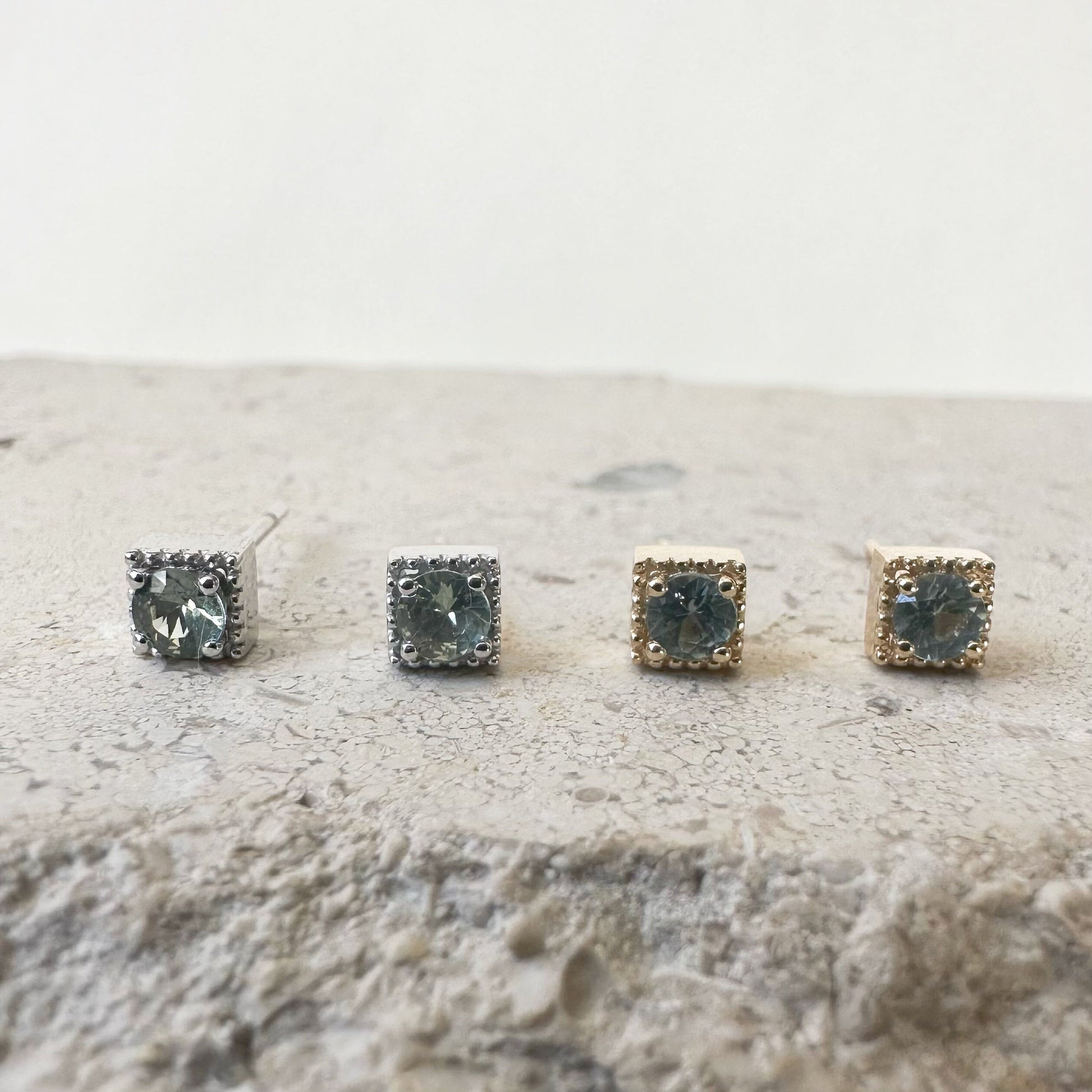 14K Solid Gold Genuine Green Sapphire Square Studs/Pair