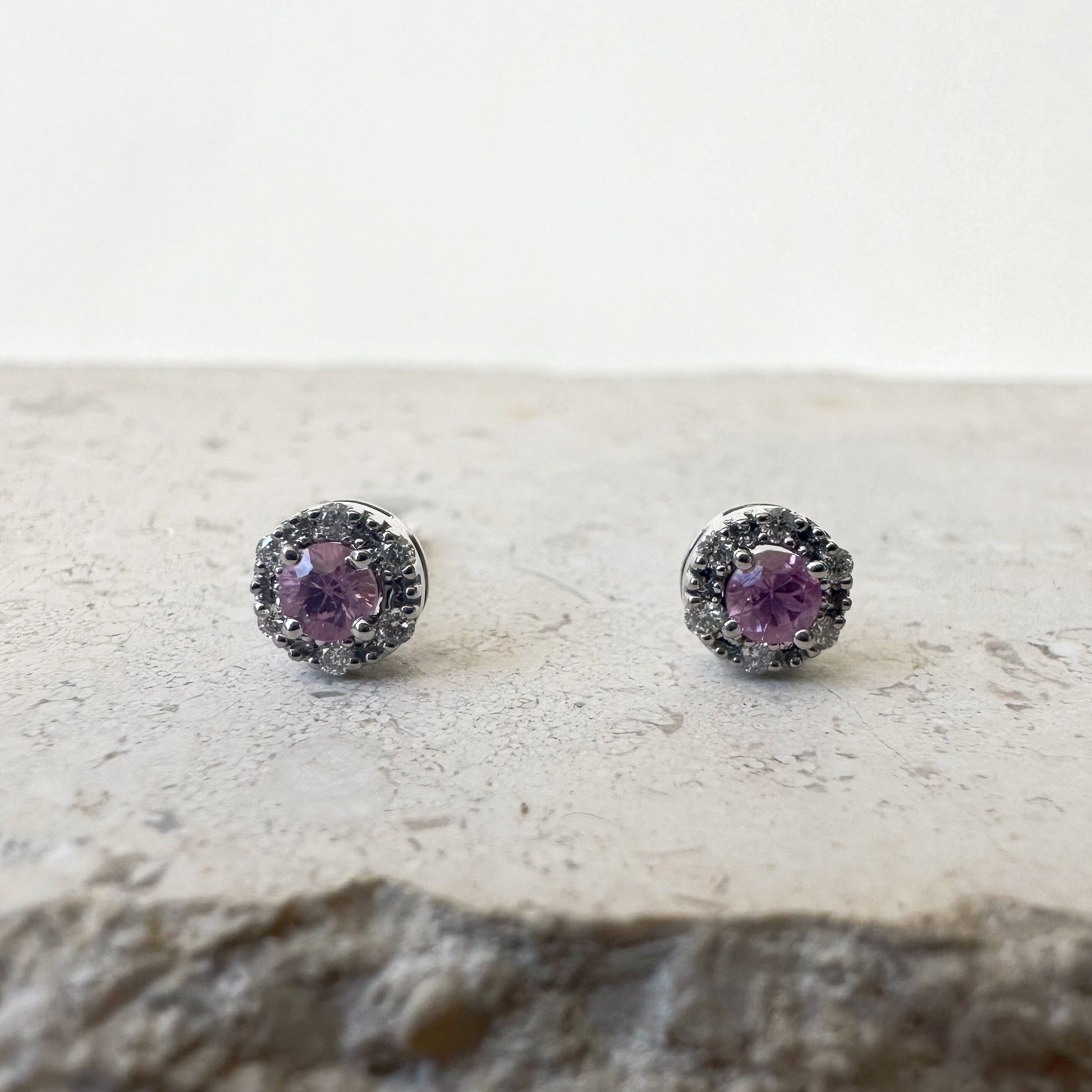 14K Solid Gold Genuine Pink Sapphire and Diamond Studs/Pair