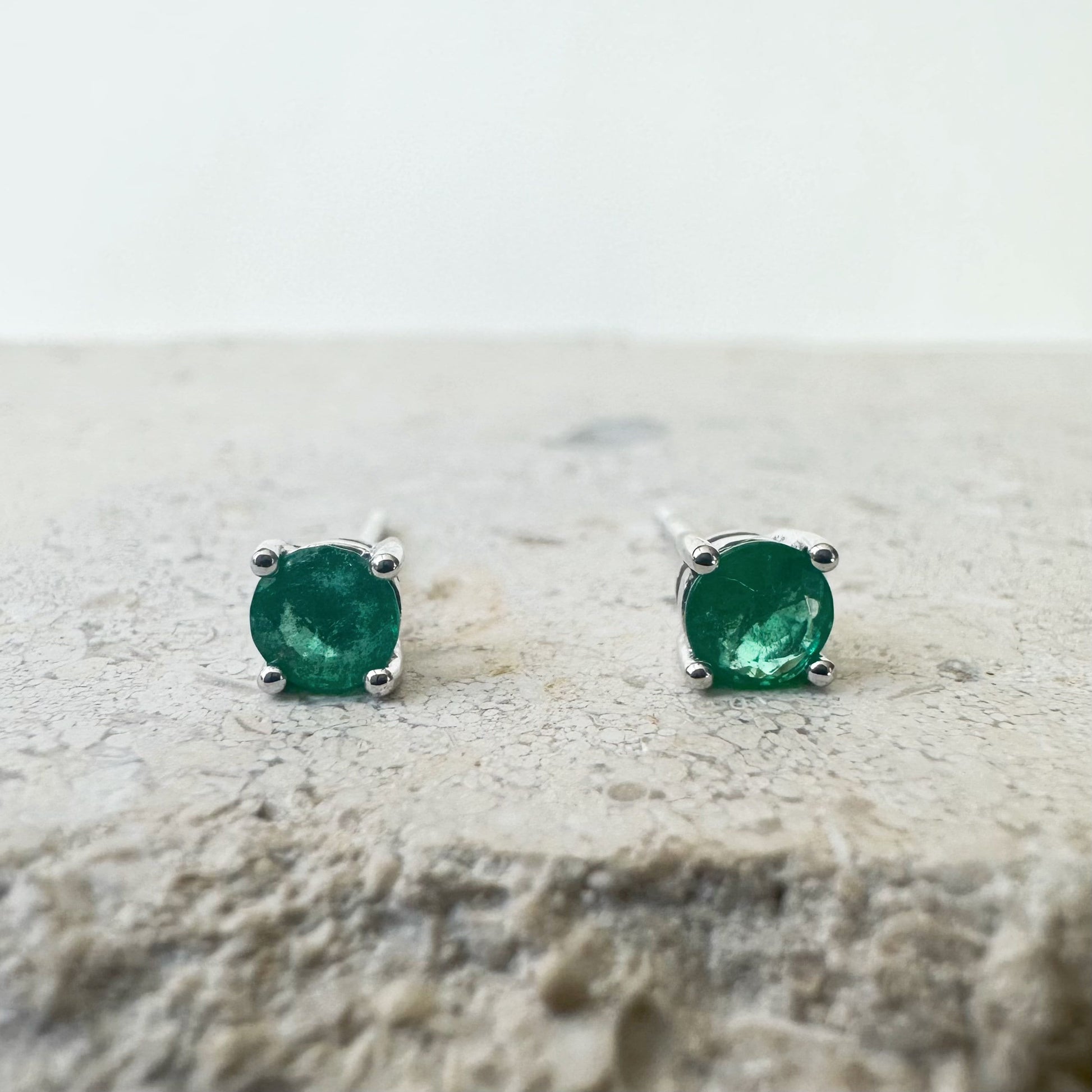 14K Solid Gold Genuine 4mm Emerald Round Studs/Pair