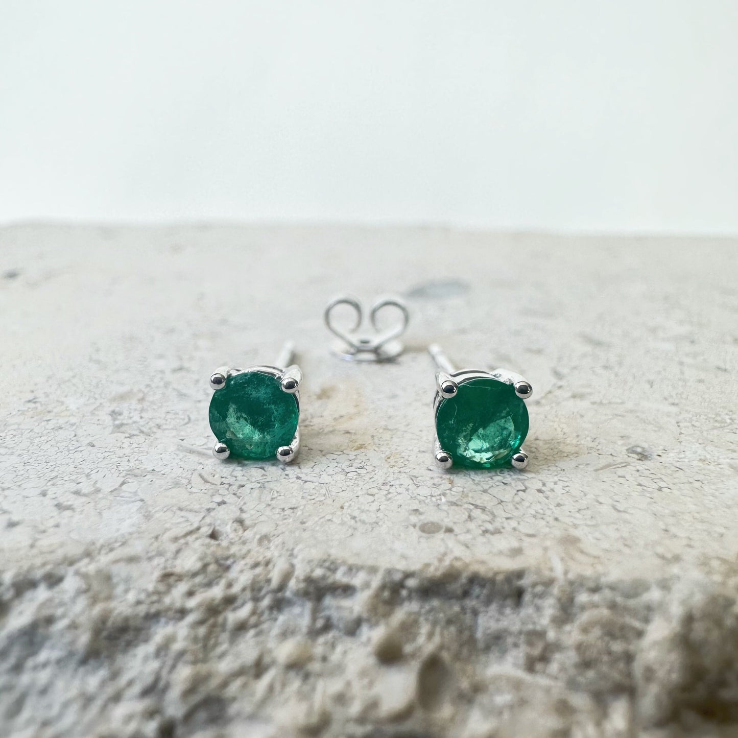 14K Solid Gold Genuine 4mm Emerald Round Studs/Pair