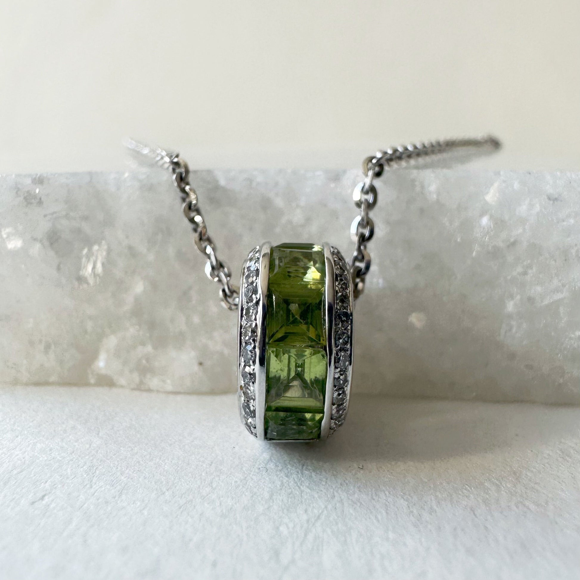 18K Solid Gold Genuine Peridot and Diamond Barrel Pendant (pendant only)