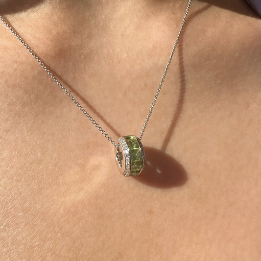 18K Solid Gold Genuine Peridot and Diamond Barrel Pendant (pendant only)